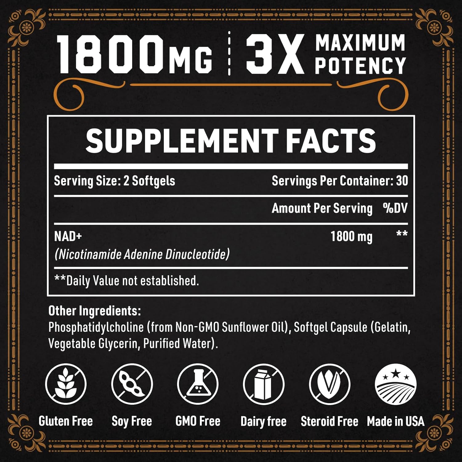 1800 MG Liposomal NAD Supplement, NAD+ Supplement Similar to Nicotinamide Riboside, 98% Pure NAD Plus Supplement for Energy Booster & Cellular Repair for Men & Women, Non-GMO, 60 Softgels - Image 3
