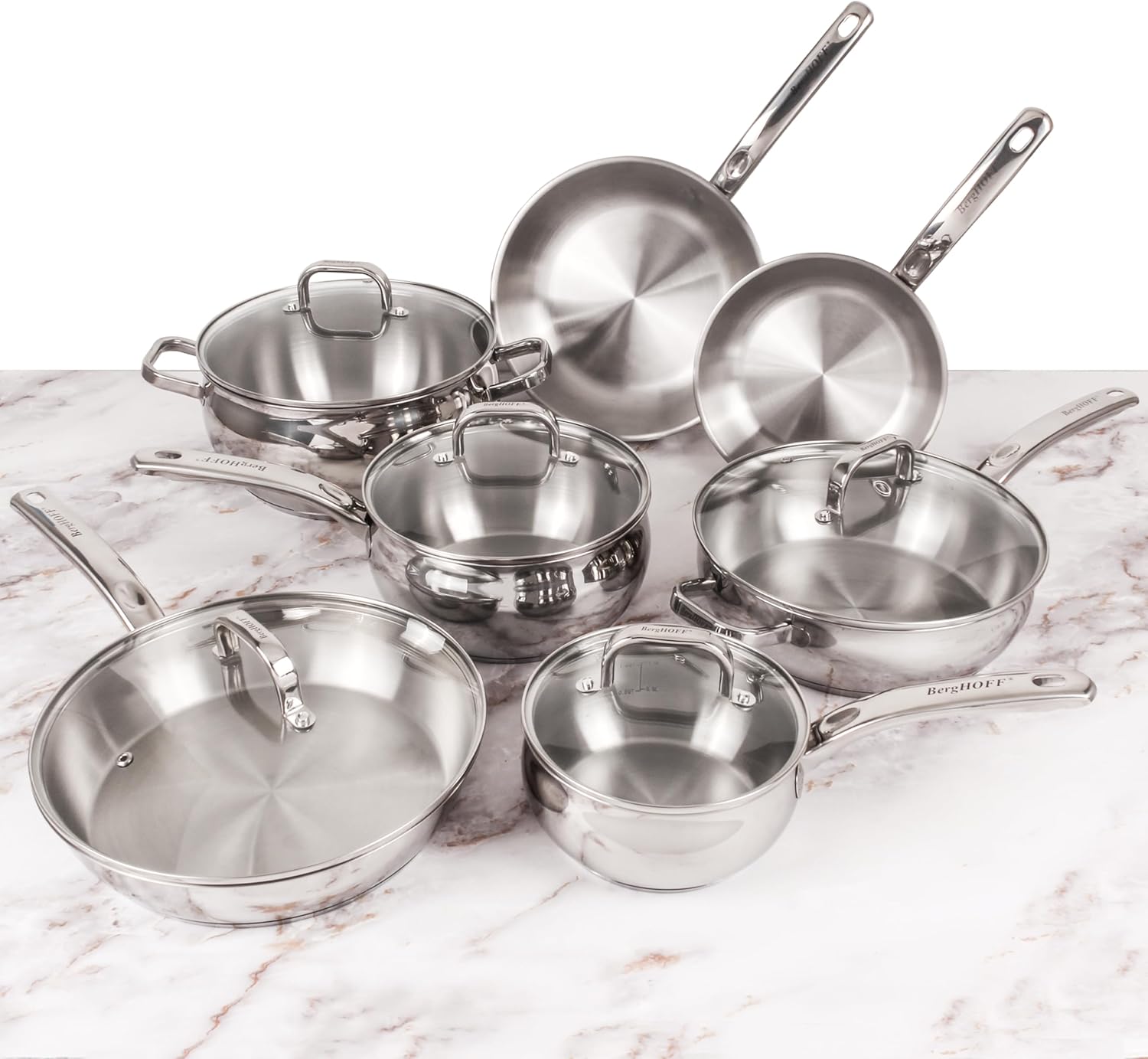 BergHOFF Belly Shape 18/10 Stainless Steel 12Pc Cookware Set, Glass Lids, Fast, Evenly Heat, Induction Cooktop Ready - Image 2