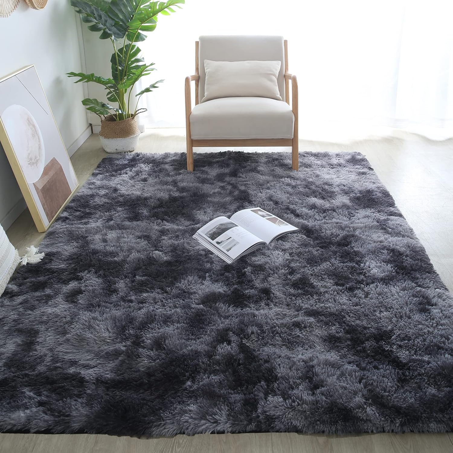 Grey Fluffy Area Rug 5x7 - Ultra Soft Shag Plush Rugs for Bedroom Living Room, Indoor Non-Slip Modern Nursery Faux Fur Floor Carpet for Kids Room,Tie-Dyed Dark Gray, - Image 4