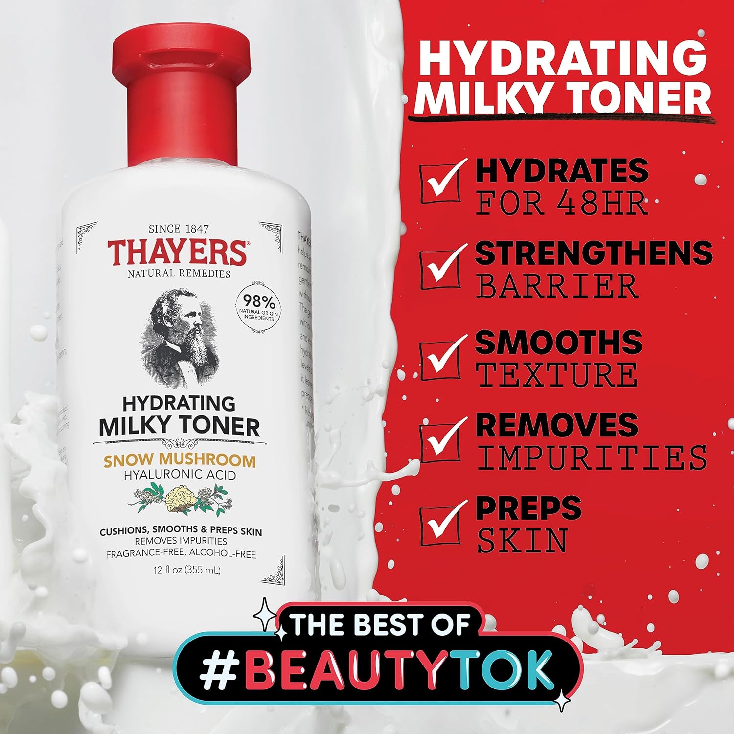 THAYERS Milky Face Toner Skin Care with Snow Mushroom and Hyaluronic Acid, Natural Gentle Facial Toner, for Dry and Sensitive Skin, 355mL - Image 3