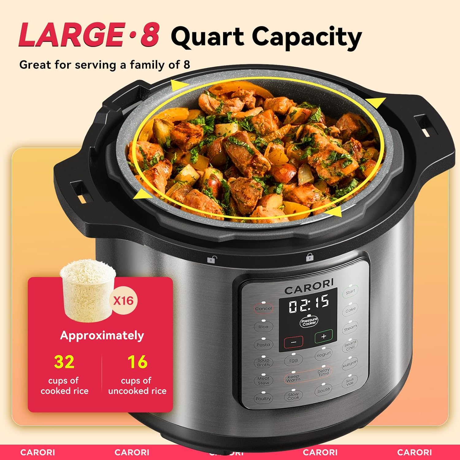 1200W 12-in-1 Electric Pressure Cooker 8Qt, Stainless Steel Pressure Cooker, Slow Cook Rice Cooker Steamer Sauté, Yogurt Maker, Warmer & Sterilizer with Recipe, Safer Venting Design, Sliver - Image 4