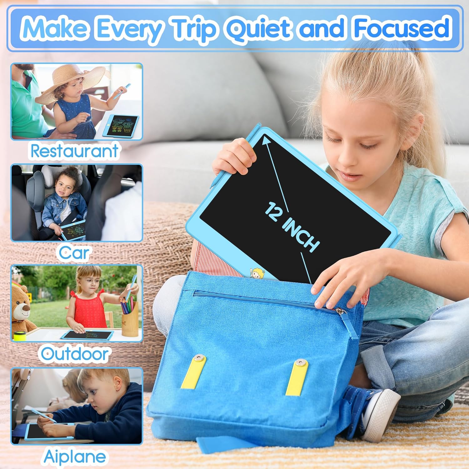 LCD Writing Tablet for Kids 12 Inch, Toys for Boys Girls Drawing Pad for 3 4 5 6 7 Year Old Kids Toys, Easter Basket Stuffer for Kids, Toddler Erasable Doodle Board Travel Essentials - Blue - Image 7