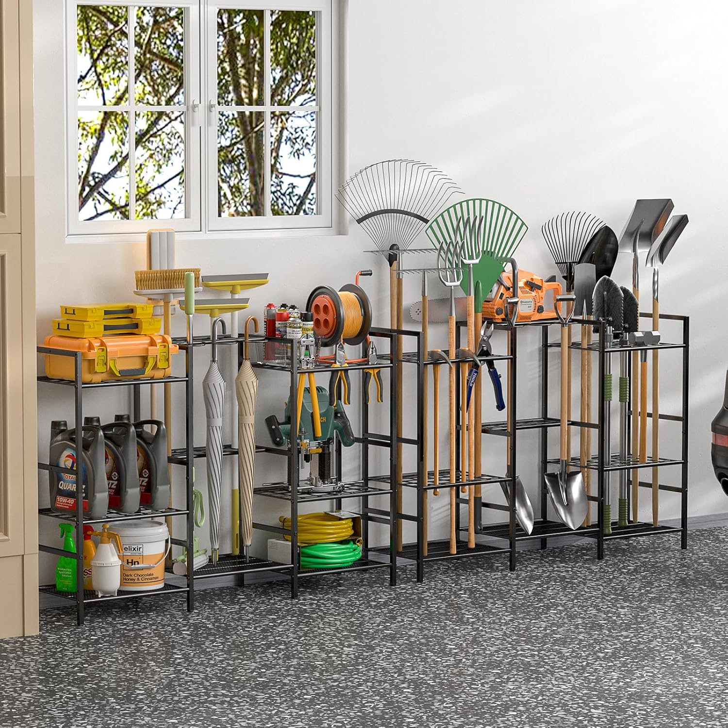 6-Tier Garden Tool Organizer for Outdoor Storage, Yard Tool Rack for Garage Organization and Storage, Holds 90 Long-Handled Tools, Sturdy Steel Tool Holder with 3 Hooks, 44.96"W x 11.89"D x 31"H" - Image 8
