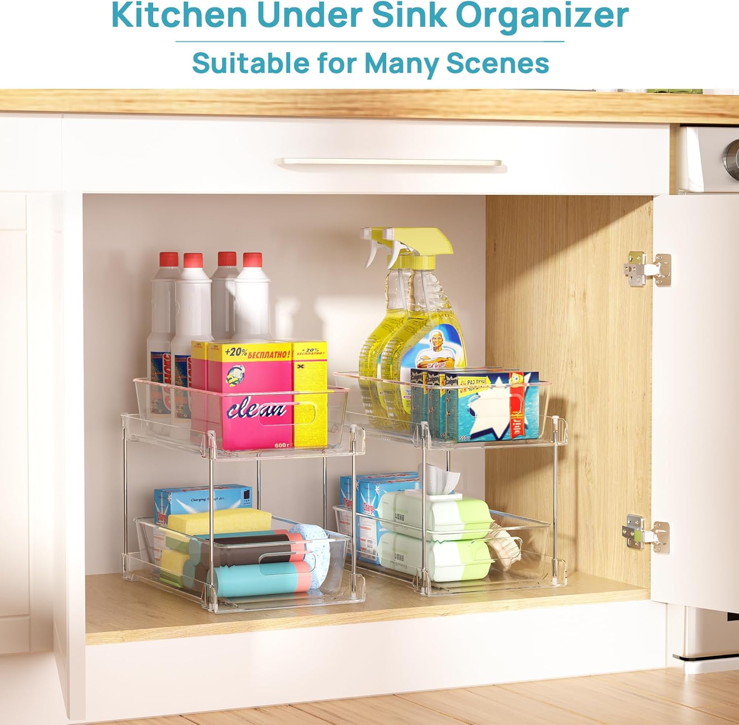 Vtopmart 4 Pack Bathroom Organizer, 2 Tier Clear Under Sink Organizers Vanity Countertop Storage Container,Cabinet Drawers Bins, Pull-Out Organization with Track for Pantry, Kitchen - Image 7