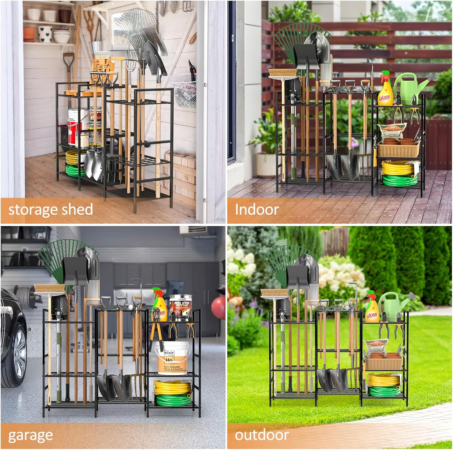 6-Tier Garden Tool Organizer for Outdoor Storage, Yard Tool Rack for Garage Organization and Storage, Holds 90 Long-Handled Tools, Sturdy Steel Tool Holder with 3 Hooks, 44.96"W x 11.89"D x 31"H" - Image 7