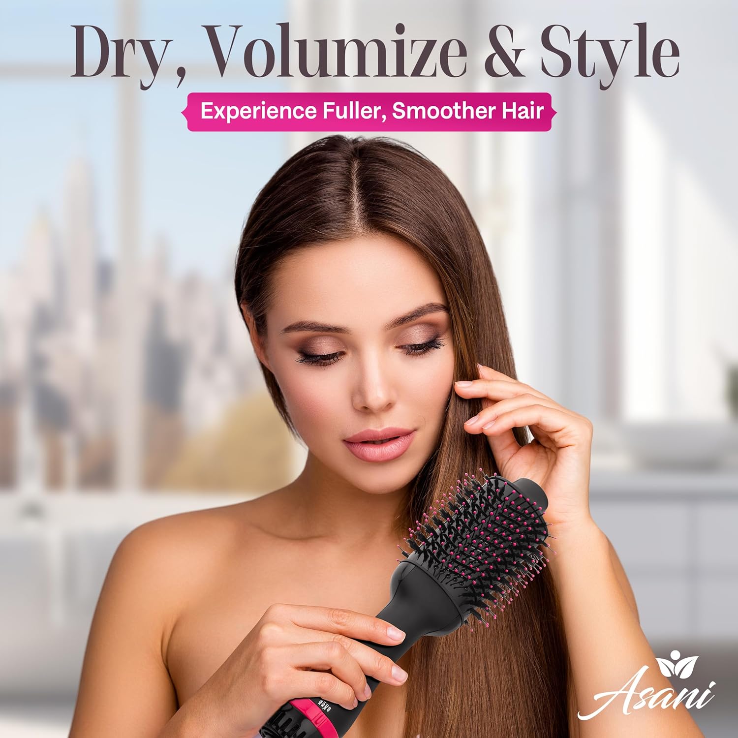 Asani Hair Dryer Brush - 4-in-1 Blow Dryer with Comb, Curling & Hot Hair Straightener Brush - Round Blowout Straightening Brush with Anti-frizz Ceramic Titanium Barrel for All Hair Types (120V) - Image 6