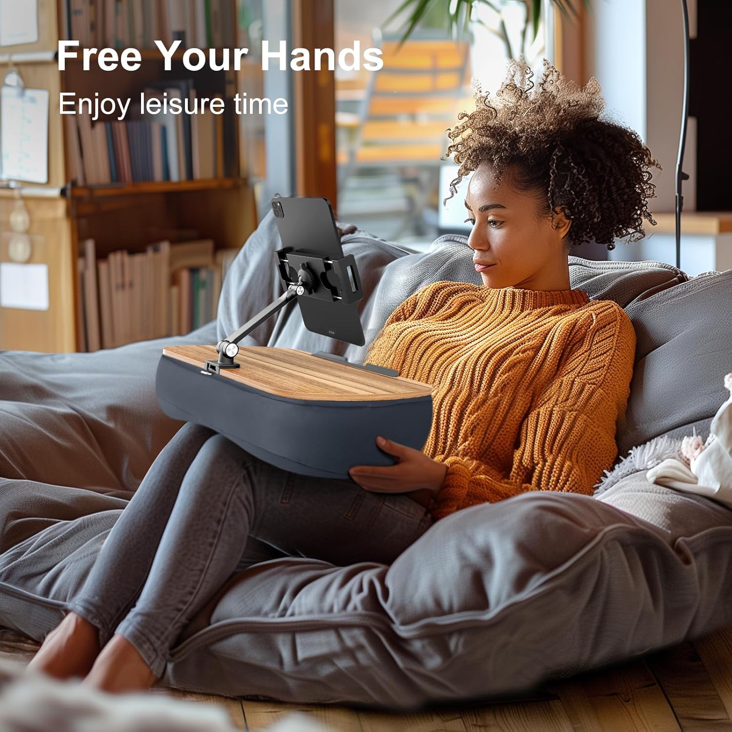 Lap Beanbag Cozy Kindle Pillow Stand for Bed with Adjustable Arm, 360° Tablet Holder, Fits 4.7"-13" Kindle, iPad, Phone, Lap Desk for Hands Free Reading in Bed, Couch, Sofa,Gray - Image 8