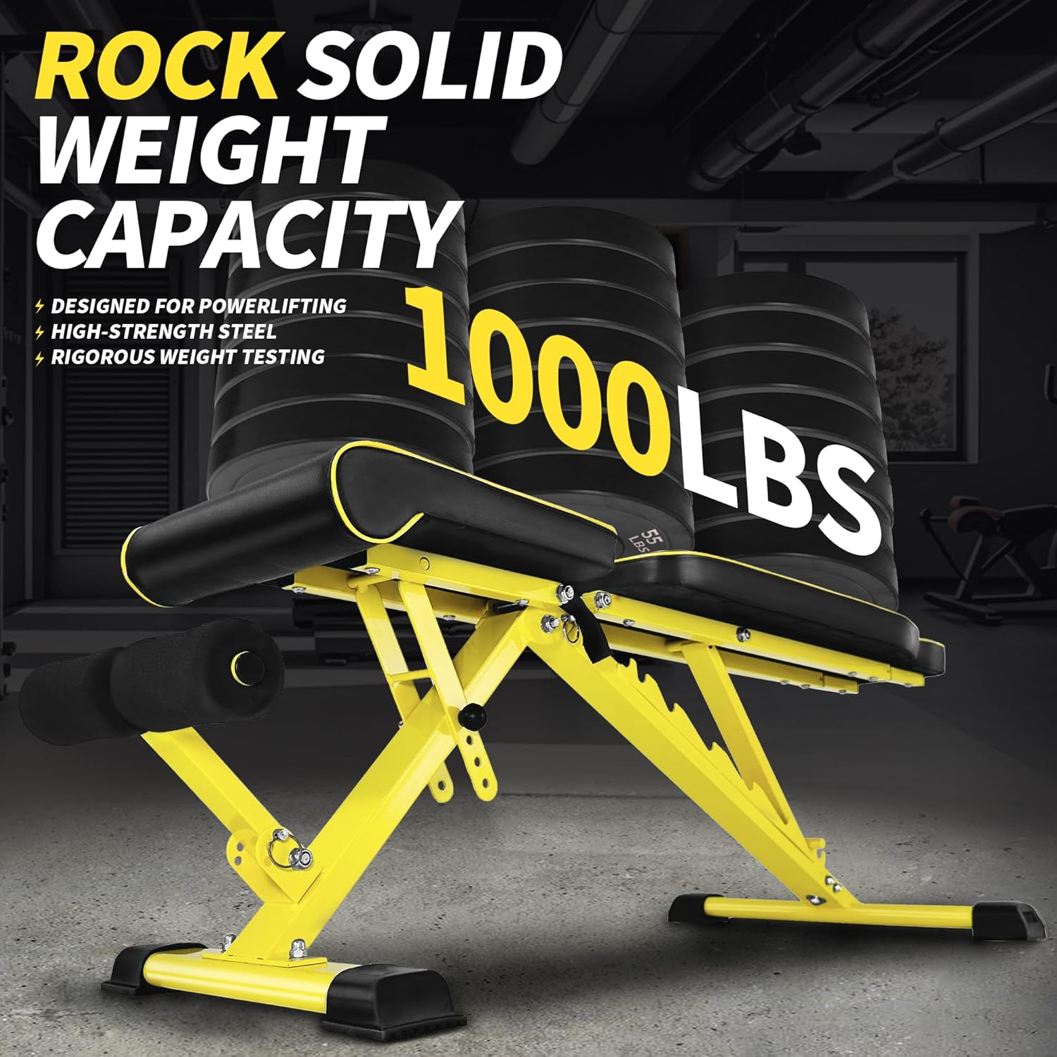 Adjustable Weight Bench,1000 LB Fast Folding Workout Bench for Home Gym Strength Training, Incline Decline Flat Utility Bench Press for Full Body Workout, Upright Storage Yellow Exercise Bench - Image 3