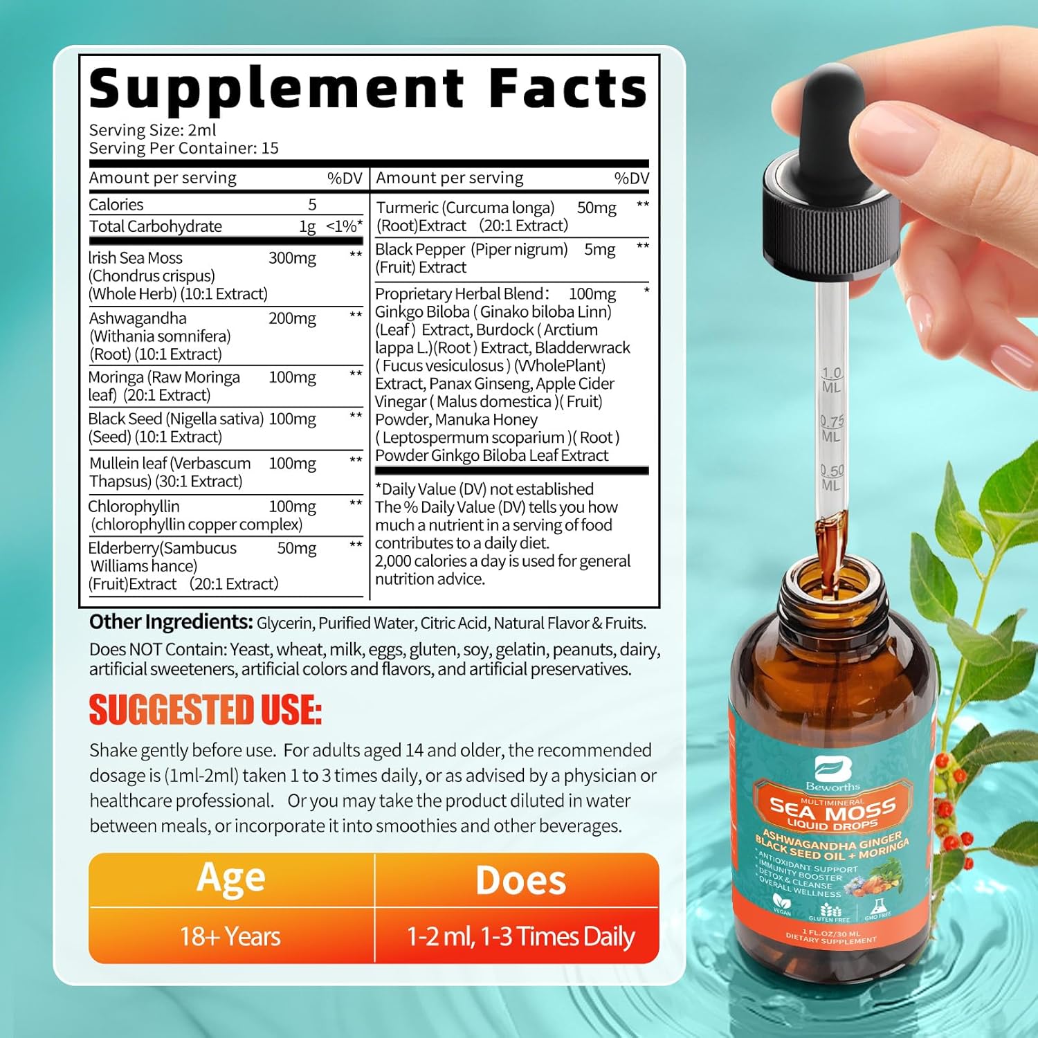Sea Moss Drops with Black Seed Oil Ashwagandha Turmeric Bladderwrack Burdock & Vitamin C Vitamin D3 with Elderberry Manuka, Chlorophyll - Image 4