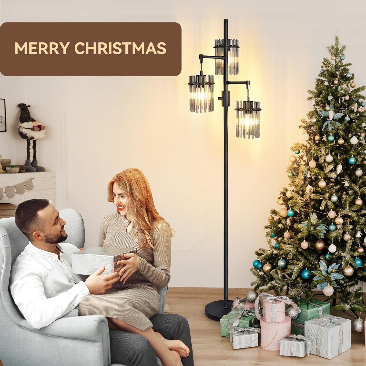 Industrial Modern Floor Lamps for Living Room, Dimmable Glass Tree Standing Tall Lamps with 3 Elegant Teardrop Cage Head & 800 Lumens LED Bulbs for Bedroom Office (66inch Tall) - Image 8