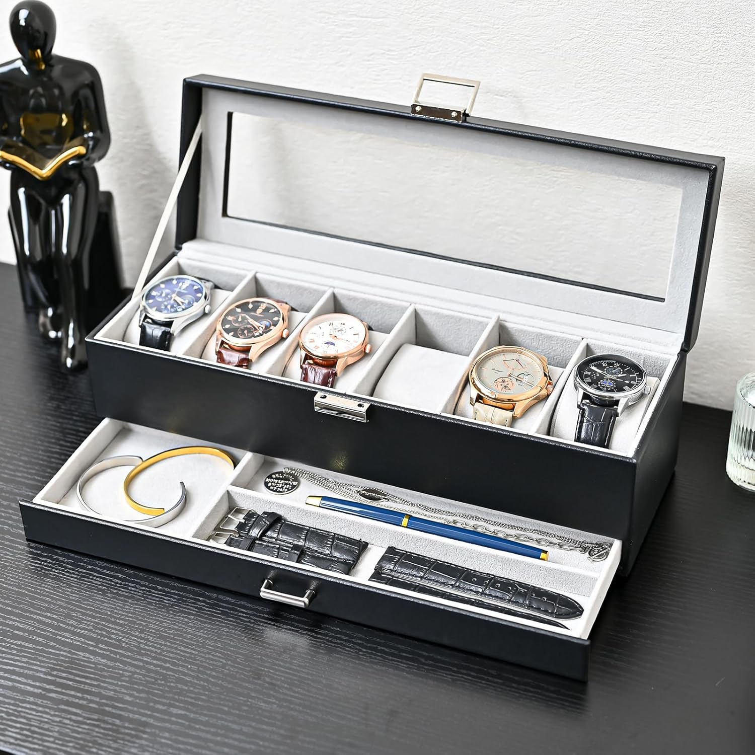 ProCase Watch Box for Men, 6 Slot Watch Display Case with Drawer, Mens Watch Case With Glass Lid, 2-Layer Jewelry and Watch Storage Watch Holder Organizer for Men Women -6 Slot, Black - Image 9
