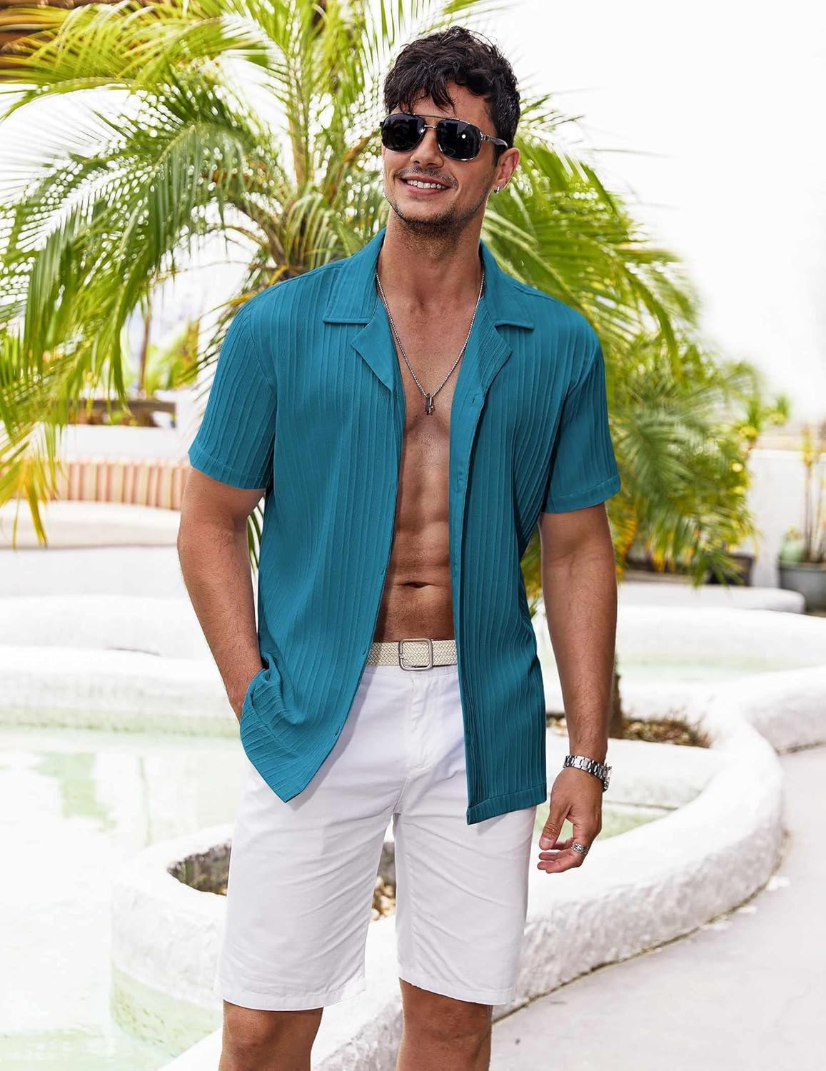 COOFANDY Men's Casual Shirts Short Sleeve Button Down Shirts Fashion Textured Summer Beach Shirt - Image 3