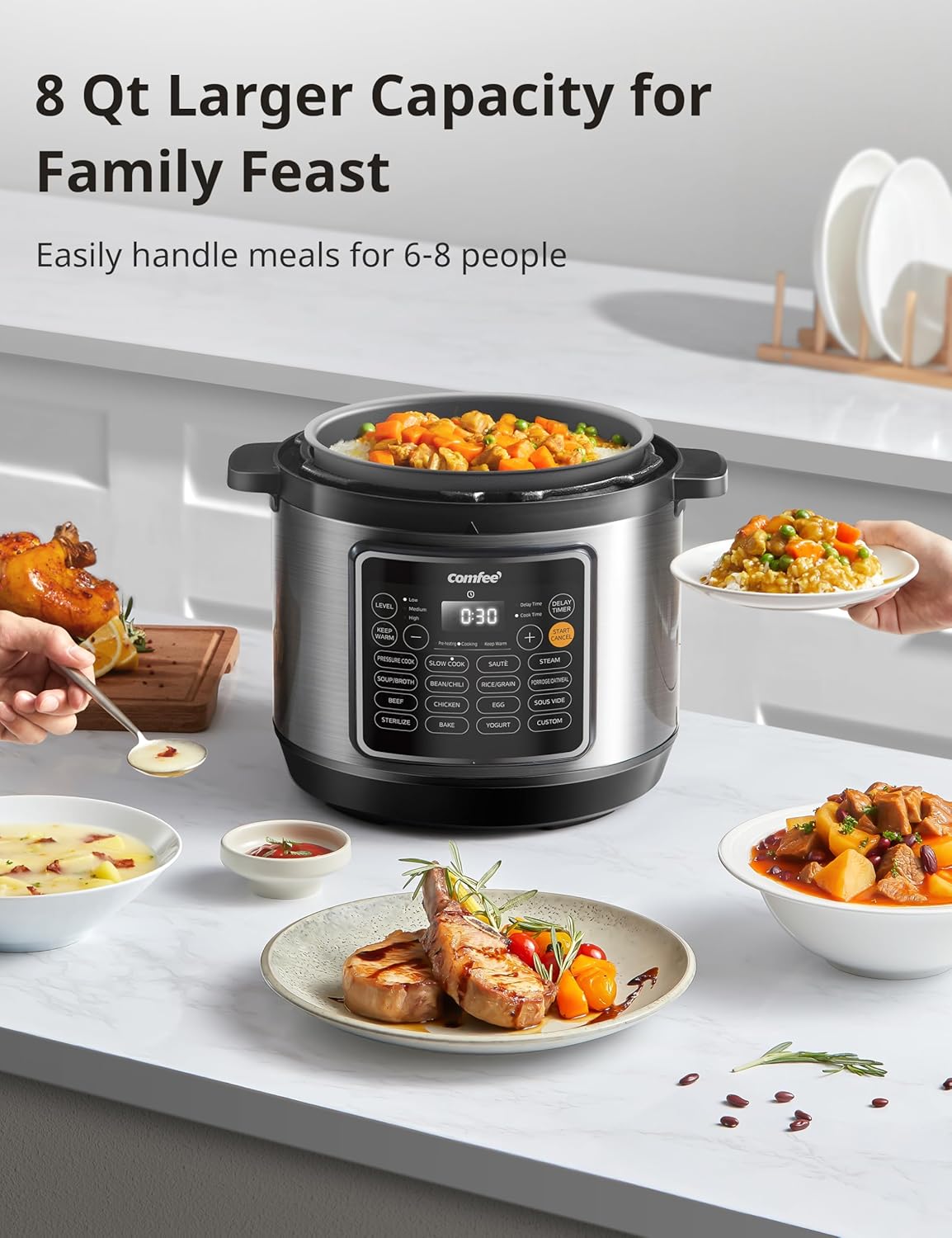 COMFEE’ Pressure Cooker 8 Quart with 16 Cooking Functions, Olla de Presion Non-Stick Pot Yogurt Maker Rice Cooker Slow Cooker Sauté Steamer, Healthy Ceramic Inner Pot - Image 9