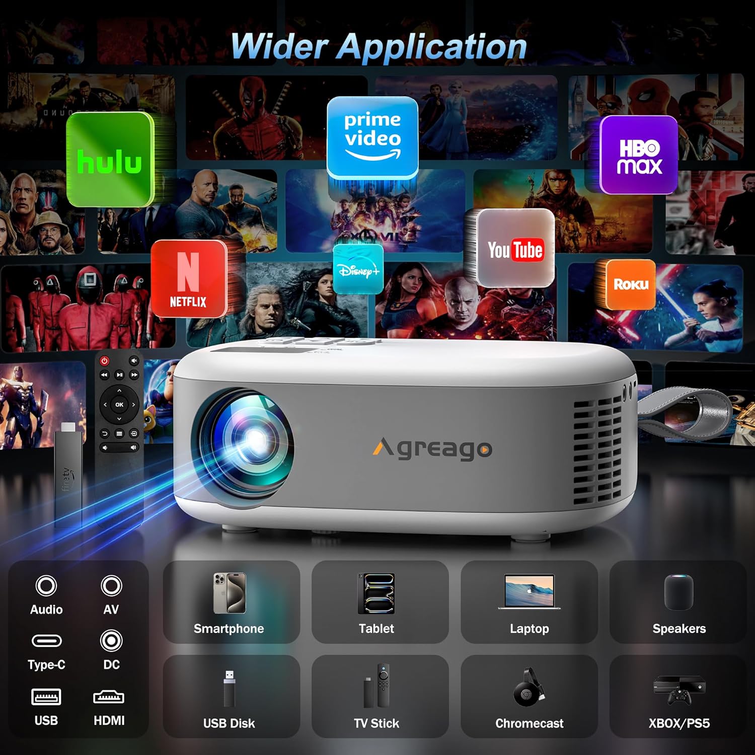 Outdoor Movie Projector with 15000 Lumens & Focus &15%Keystone Correction | 1080P Portable Mini Projector, WiFi Bluetooth, Built-in 2 Speakers & USB-C Cable, Compatible with iPhone/Android/Fire Stick - Image 8