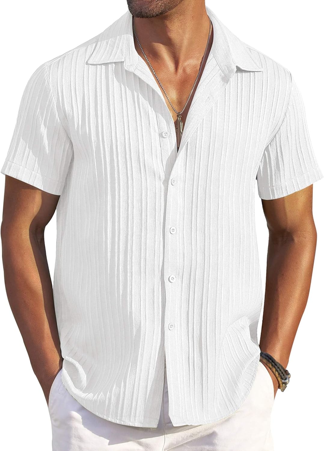 COOFANDY Men's Casual Button Down Shirts Short Sleeve Textured Summer Beach Shirts - Image 2