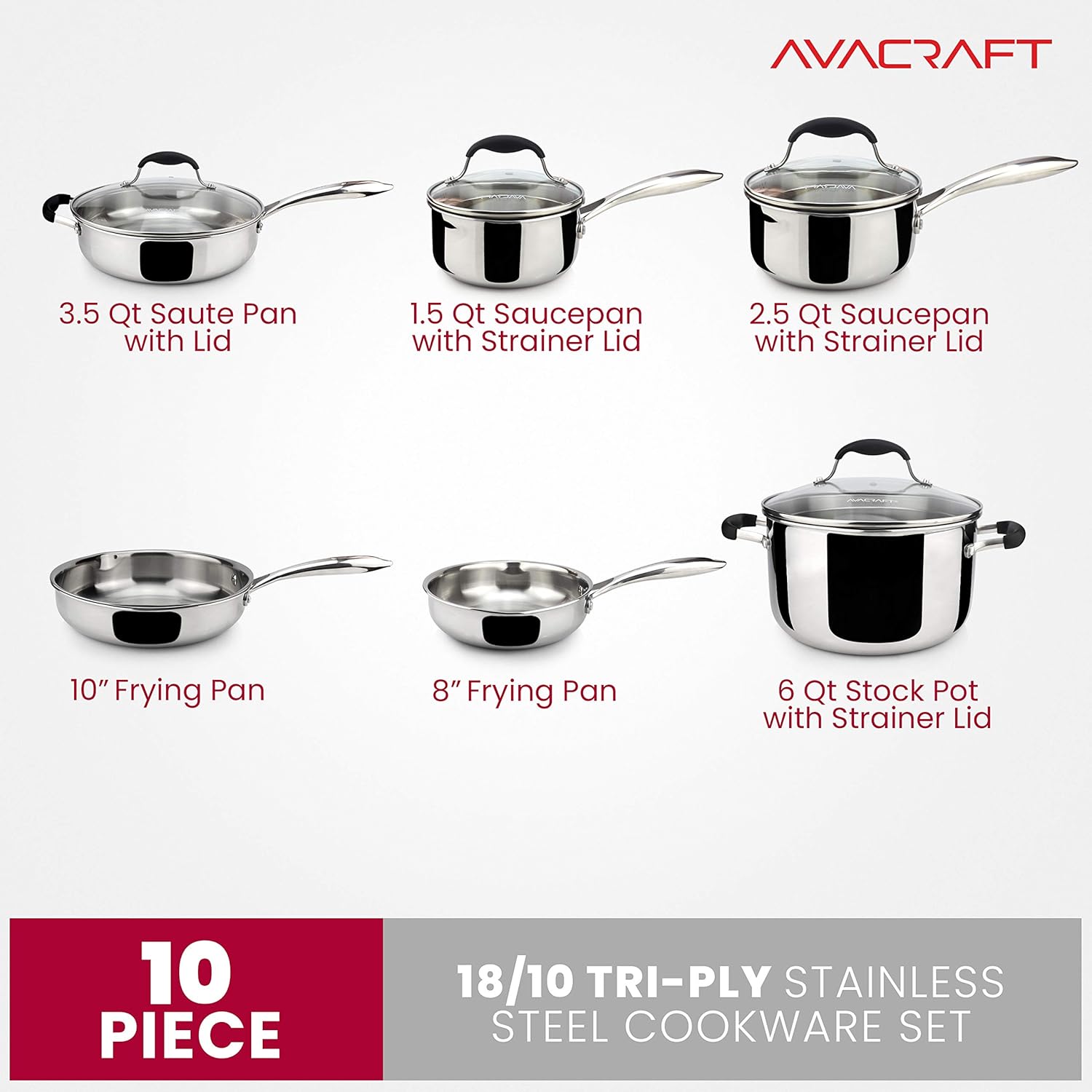 AVACRAFT 18/10 Stainless Steel Cookware Set, Premium Pots and Pans Set, Kitchen Essentials for cooking, Multi-Ply Body Stainless Steel Pan Set, 10-Piece Sets - Image 3