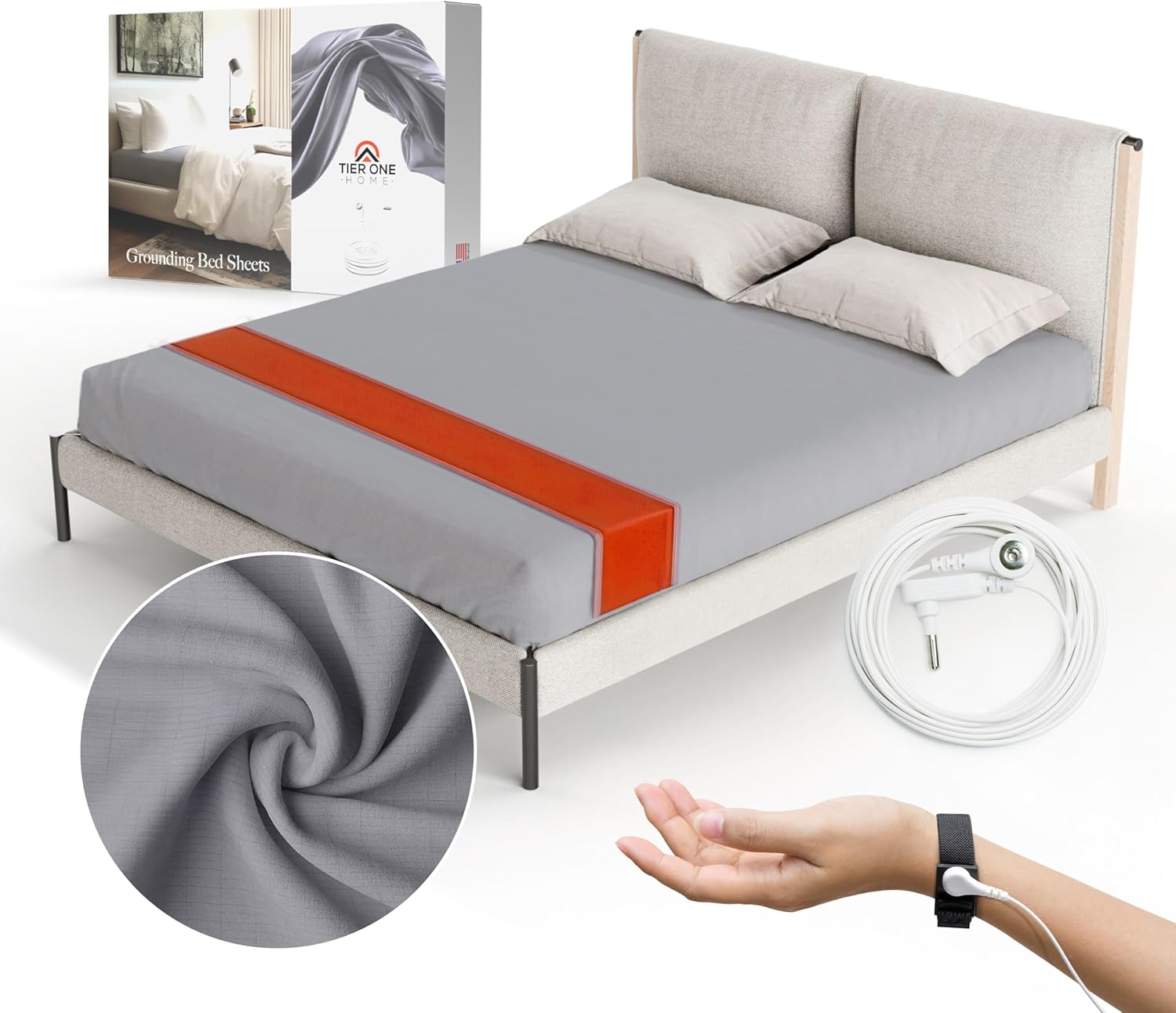 Fitted Grounding Sheets for Earthing, 5% Silver Fiber + 95% Certified Organic Cotton for Better Sleep and Pain Relief. Deep Pockets. Includes Grounding Wristband & Cords (King) - Image 2