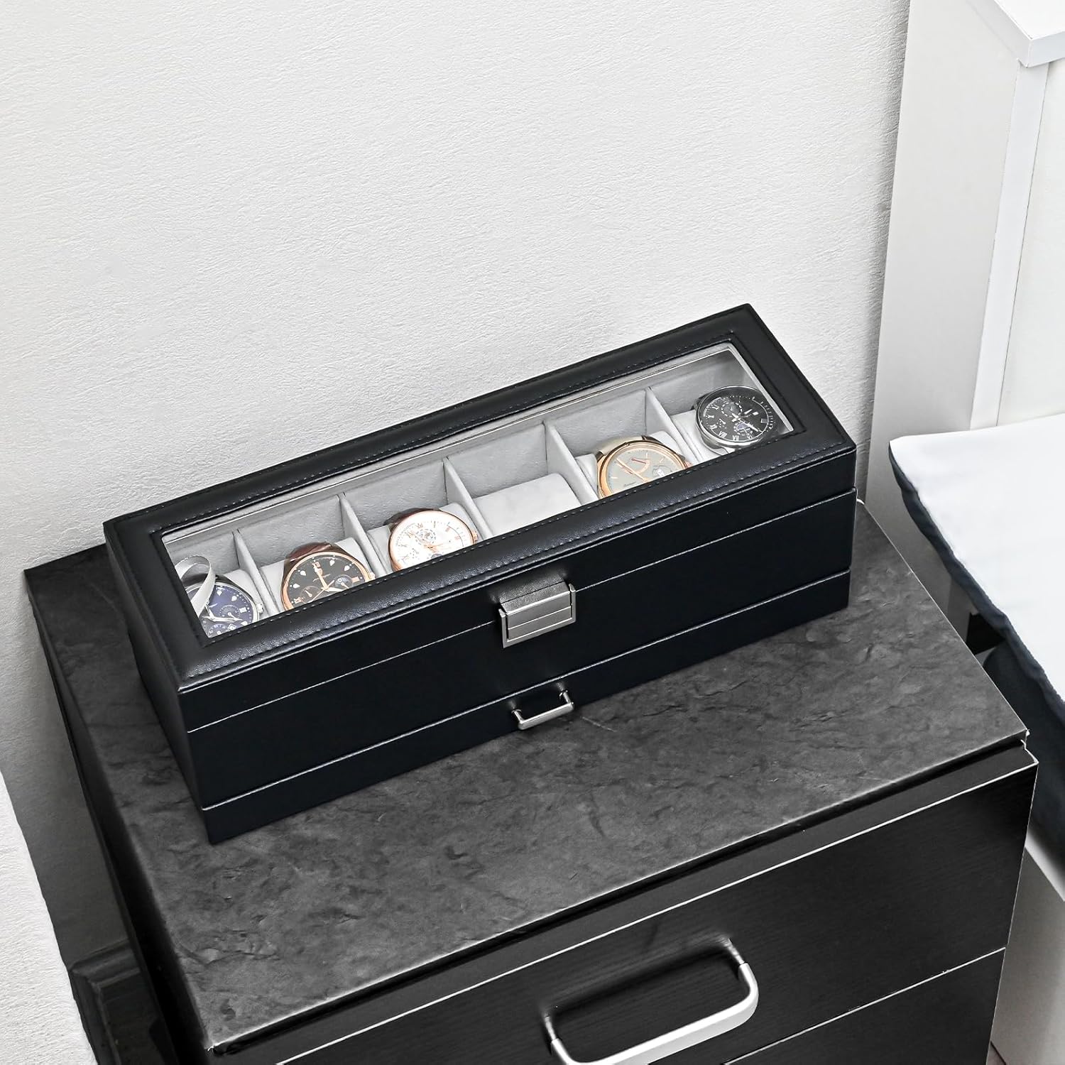 ProCase Watch Box for Men, 6 Slot Watch Display Case with Drawer, Mens Watch Case With Glass Lid, 2-Layer Jewelry and Watch Storage Watch Holder Organizer for Men Women -6 Slot, Black - Image 8