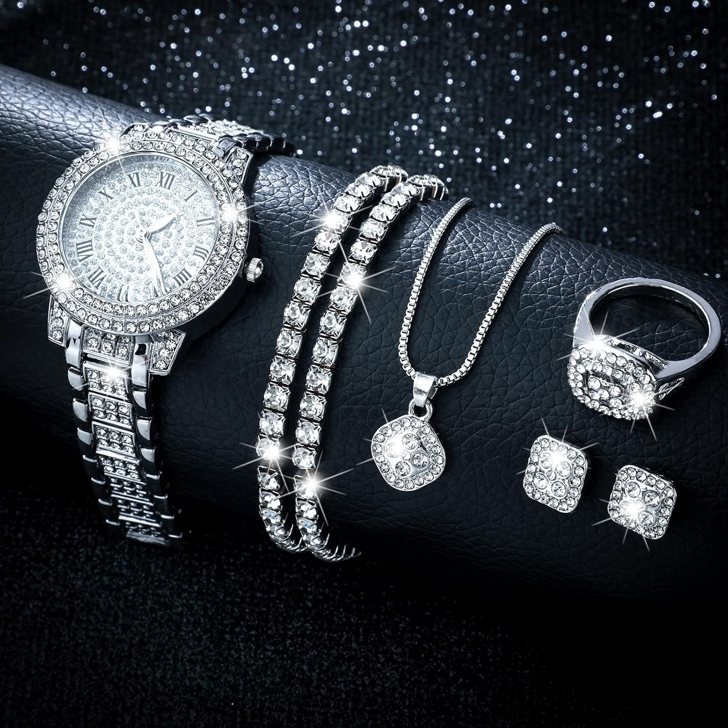 7 Pcs Luxury Women Watch and Bracelet Set Elegant Rhinestone Jewelry Quartz Watch and Women's Wrist Bangle Diamond Ring Necklace Earrings Set with Box for Wife Ladies Gift - Image 4