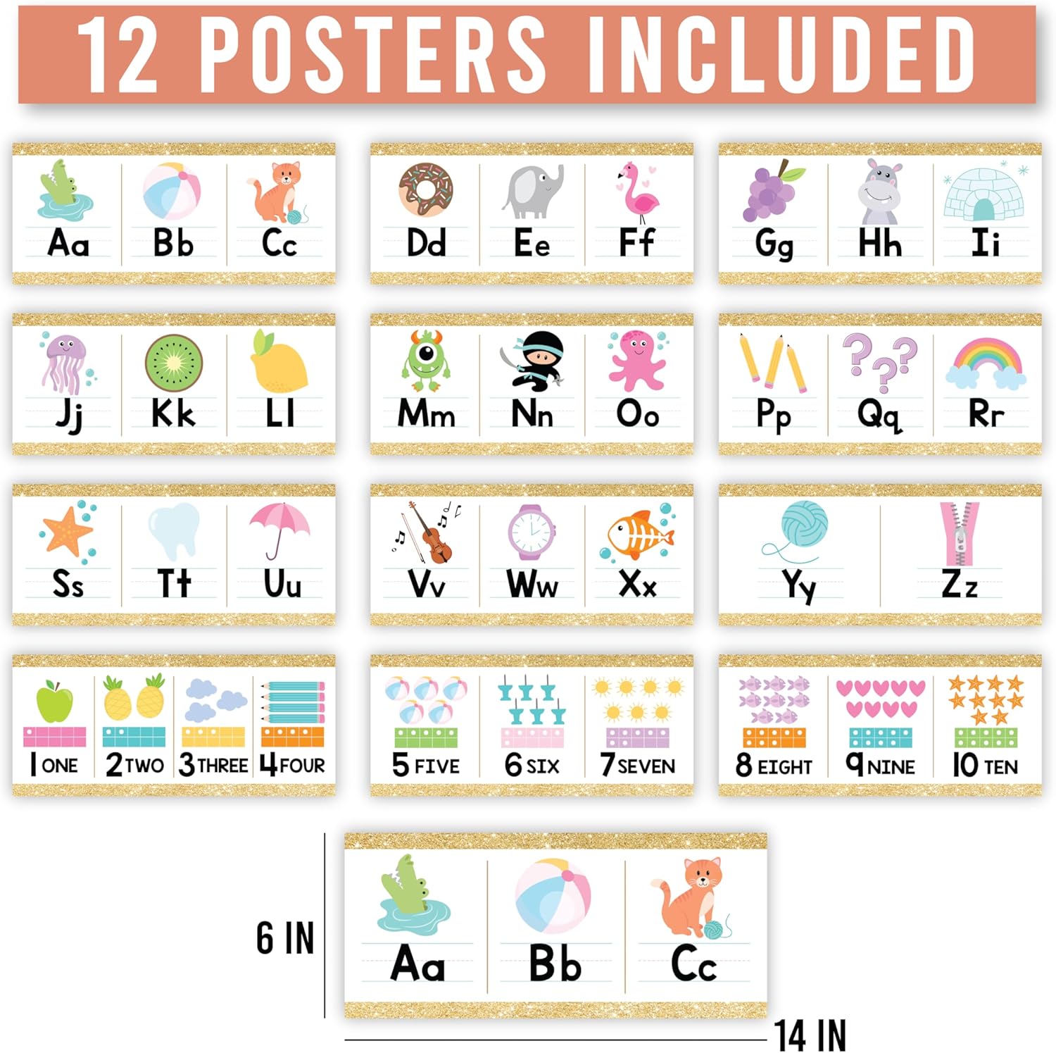 Hadley Designs Alphabet for Classroom Wall - ABC Letters and Numbers Posters for Preschool and Kindergarten - Alphabet Line for Classroom Decor and Homeschool - Gold Theme - Image 5