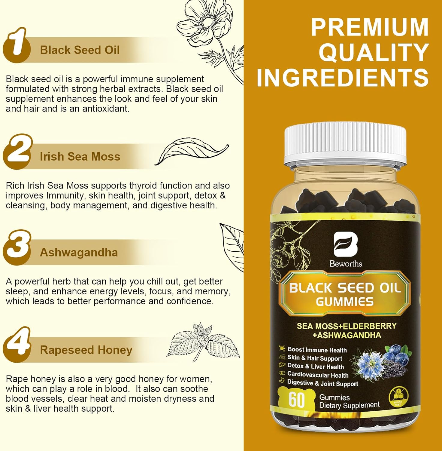 Black Seed Oil & Sea Moss Gummies, 2Pack Irish Sea Moss Gummies with Black Seed Oil, Ashwagandha Extract, Elderberry, Turmeric, Vitamin C, Vitamin D3 - Immune Support, Joints, Digestion, Hair & Skin - Image 3