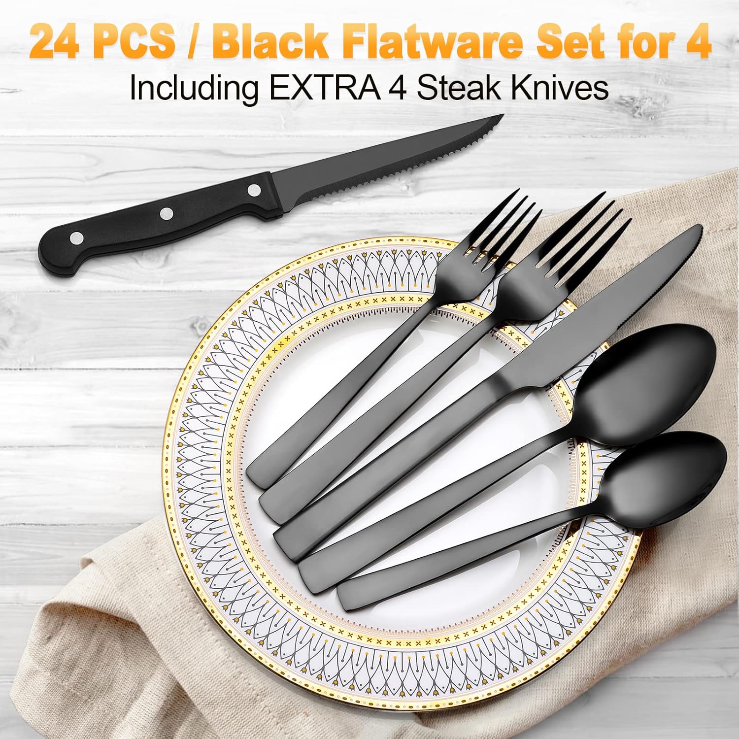 CEKEE 24 Piece Black Silverware Set for 4 with Steak Knives, Stainless Steel Black Flatware Set for 4, Black Utensils Set for 4, Black Tableware Cutlery Set for Home & Kitchen, Hand Wash Recommended - Image 3