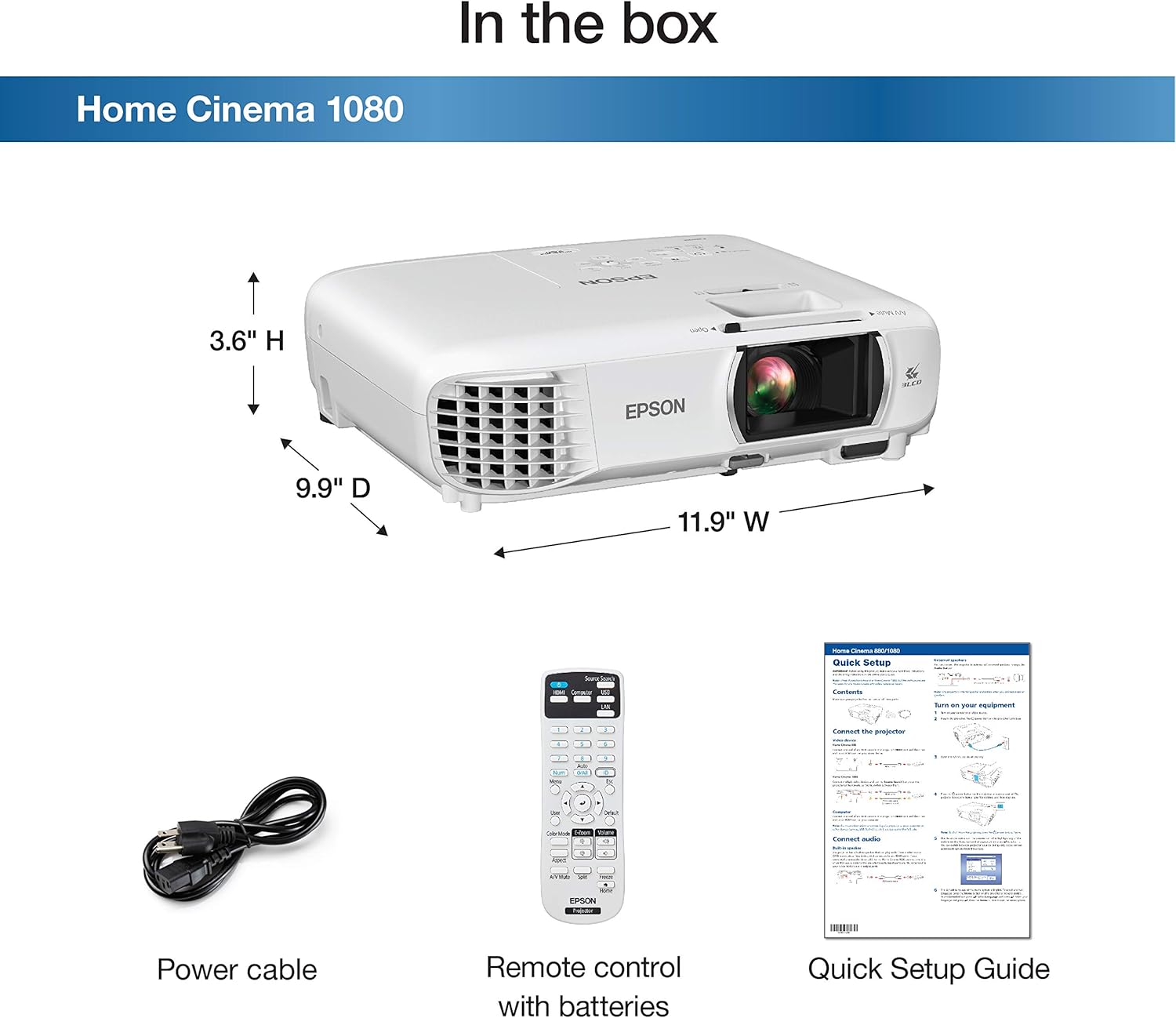 Epson Home Cinema 1080 3-chip 3LCD 1080p Projector, 3400 lumens Color & White Brightness, Streaming/Gaming/Home Theater, Built-in Speaker, Auto Picture Skew, 16,000:1 Contrast, Dual HDMI-White, Medium - Image 4