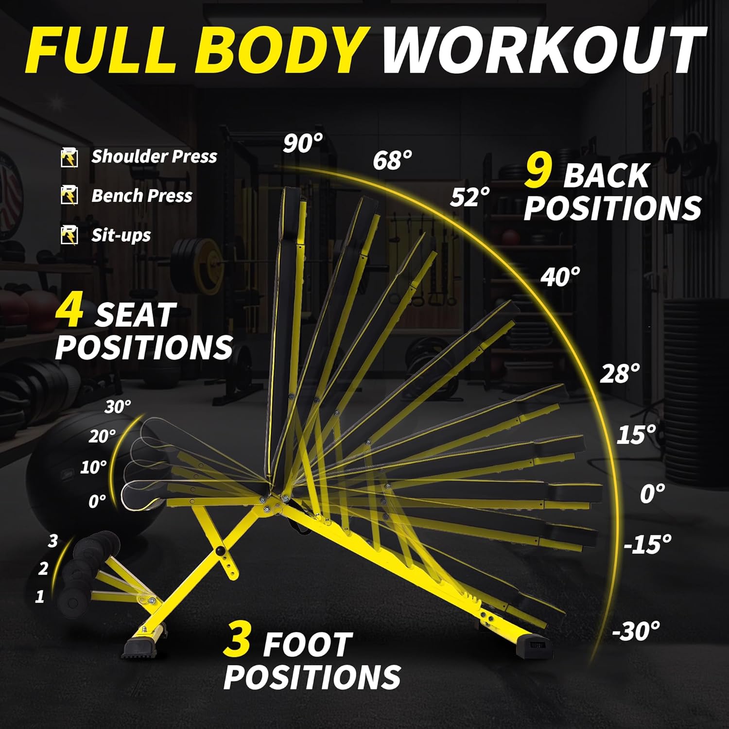 Adjustable Weight Bench,1000 LB Fast Folding Workout Bench for Home Gym Strength Training, Incline Decline Flat Utility Bench Press for Full Body Workout, Upright Storage Yellow Exercise Bench - Image 4