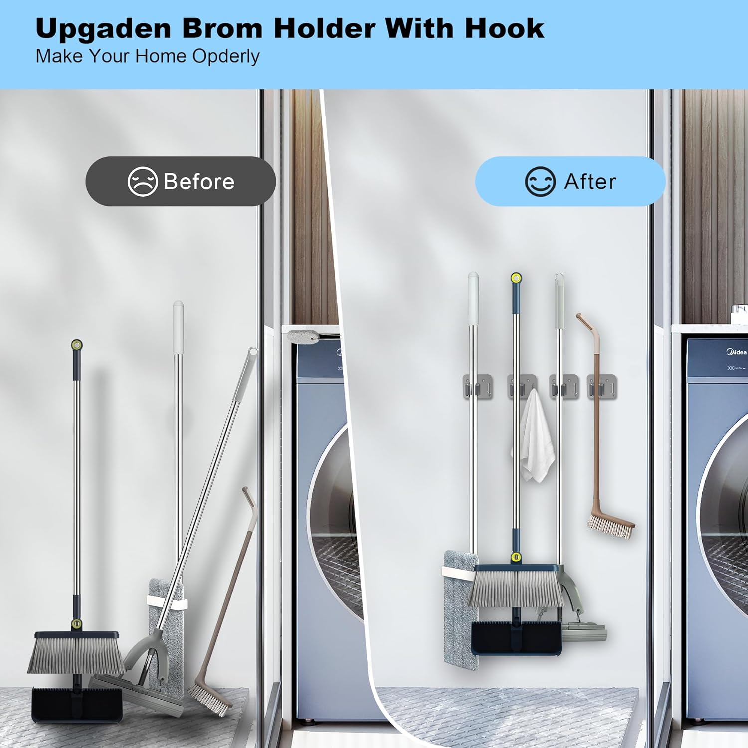 4 Pack Stainless Steel Mop and Broom Gripper with Hook, Screw Drilling or Self Adhesive Mop and Broom Holder Wall Mount, Storage Rack for Closet Laundry Garage Garden Tool Organizer, Silver - Image 3