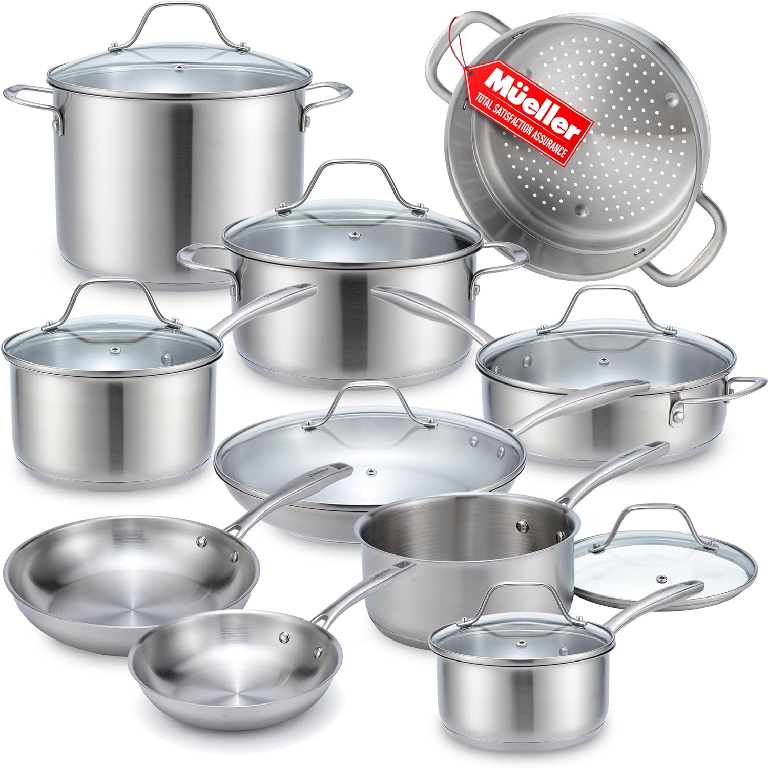 Mueller Pots and Pans Set 17-Piece, Ultra-Clad Pro Stainless Steel Cookware Set, Ergonomic EverCool Handle, Induction Cookware, Includes Saucepans, Skillets, Dutch Oven, Stockpot, Steamer For Cooking - Image 2