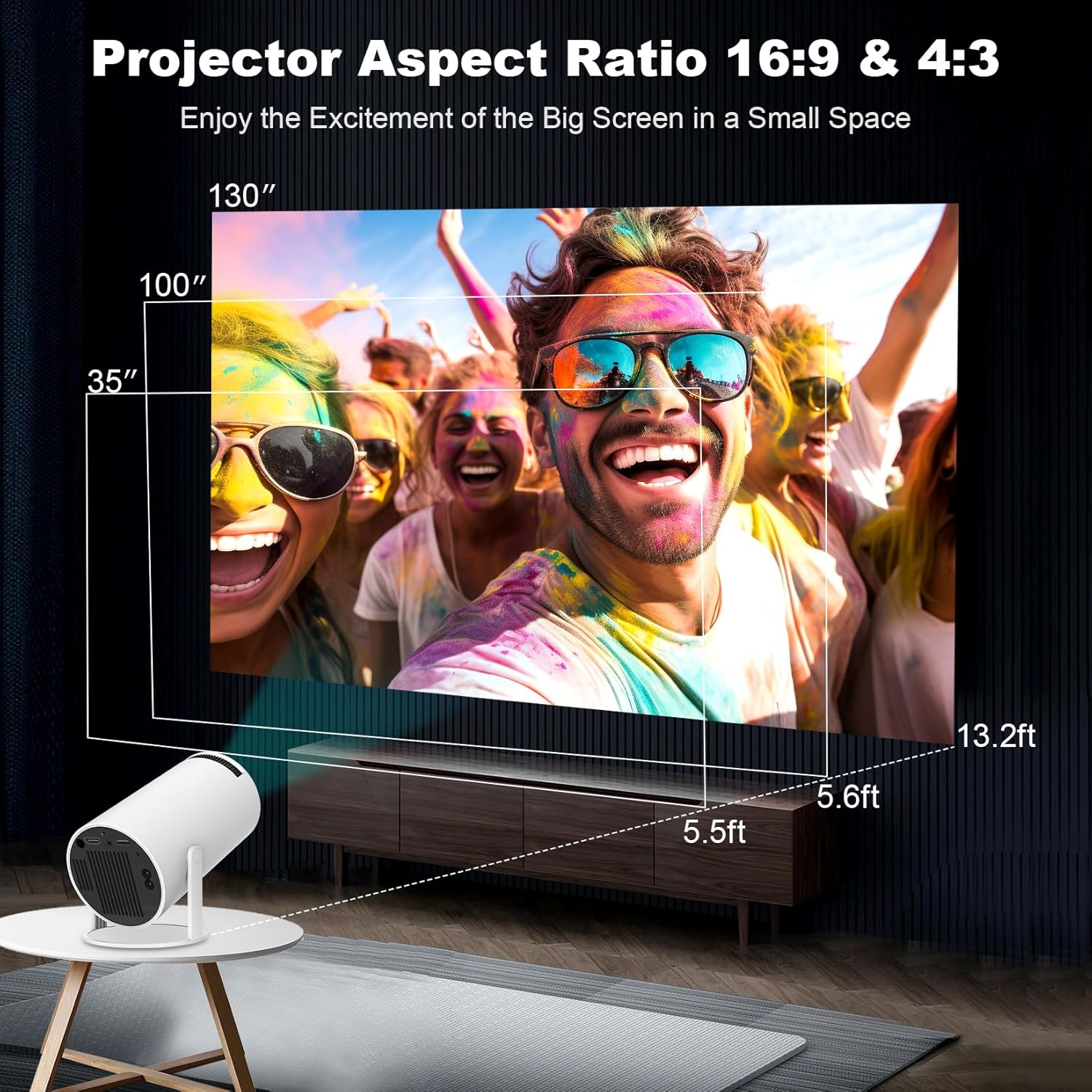 HY300 PRO Mini Portable Projector, Support 4K 1080P with Dual-Band WIFI6 5G Wireless 5.0 Bluetooth Android 11, 180° Rotatable, Auto Keystone Correction, 35"-130" Screen Video Projector - Image 5