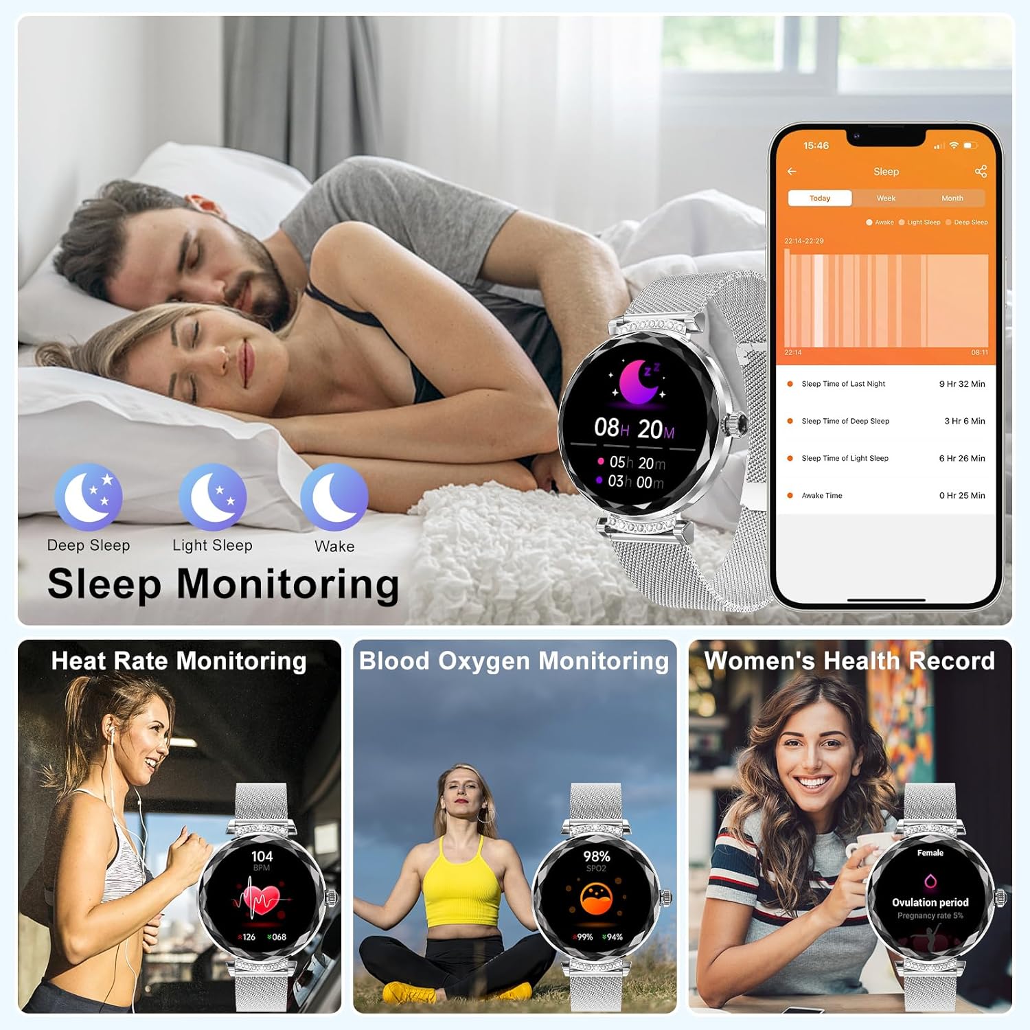 Smart Watches for Women Answer/Make Call, 1.19" AMOLED Smartwatch with Bluetooth for Android iOS Phones, IP68 Waterproof Fitness Tracker with Heat Rate Blood Pressure, 120+ Sports, Silver - Image 5