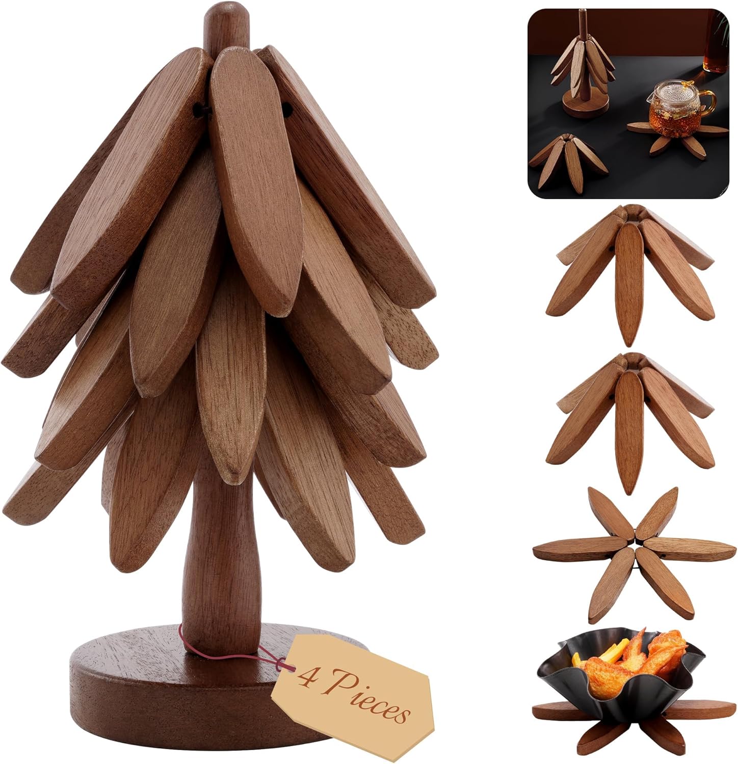 8 Inches Tree-Shaped Trivets, Collapsible Walnut Wood Place Mats for Hot Dishes Pans, Anti Stain Pot Holders for Kitchen Counter Table Home Essentials, 4PCS Wooden Coasters with Organising Holder - Image 2