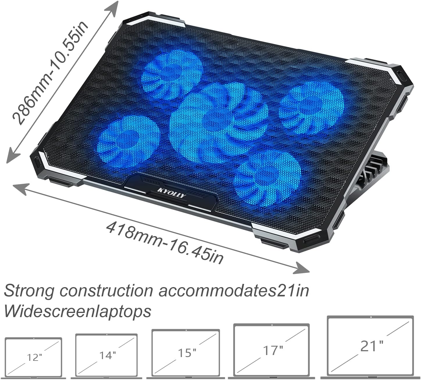 Upgrade Laptop Cooling Pad,Gaming Laptop Cooler with 5 Quiet Fans,2 USB Ports,5 Adjustable Stand Height,Blue LED Lights,for 15.6 Inch Laptops - Image 8
