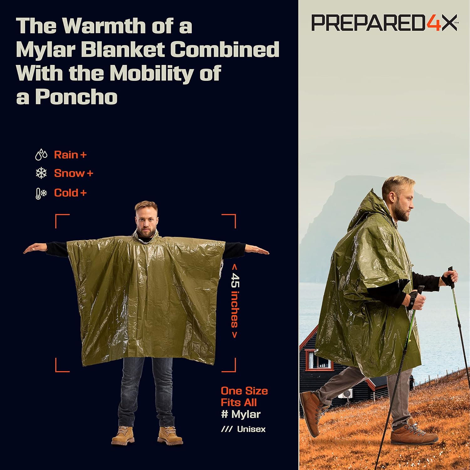 PREPARED4X Emergency Poncho and Mylar Blanket Liner - Waterproof, Wind-Resistant Green Outdoor Rain Poncho for Camping and Car Emergencies - Image 3