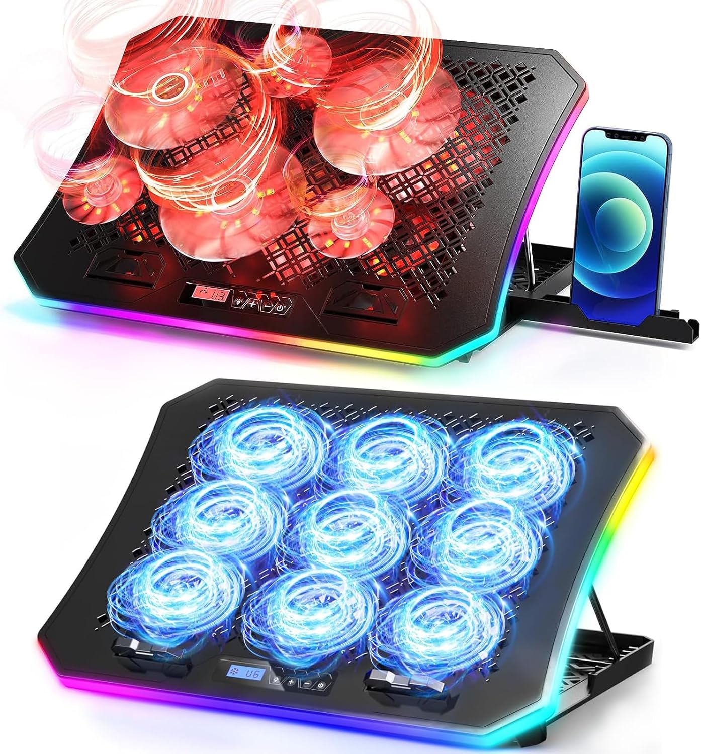 KeiBn 8 Fans Blue & 6 Fans Red Laptop Cooling Pad, Laptop Cooler for 15.6-17.3 Inch Laptops with 7 Height Stands, 2 USB Ports,10 RGB Modes - Image 2
