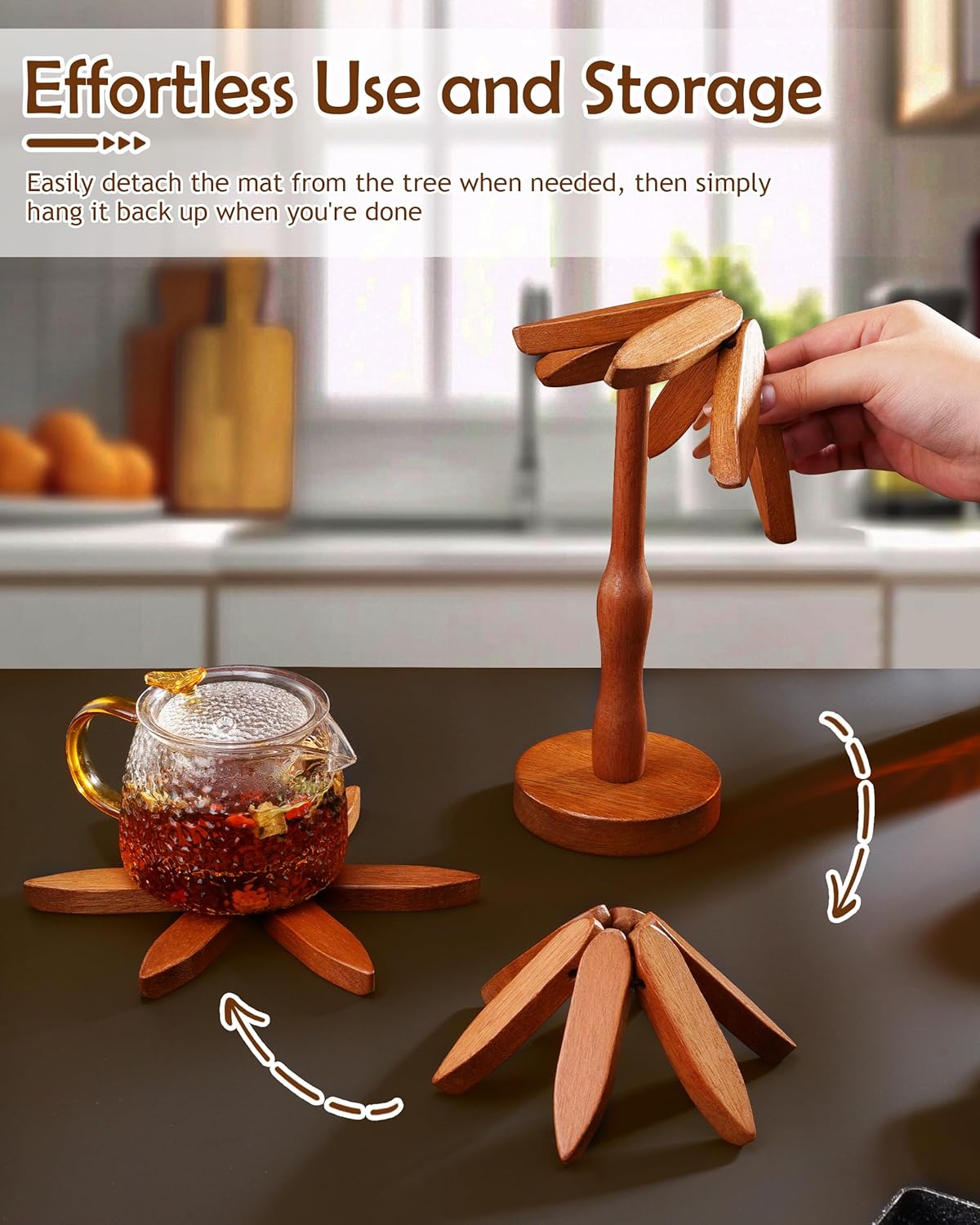 8 Inches Tree-Shaped Trivets, Collapsible Walnut Wood Place Mats for Hot Dishes Pans, Anti Stain Pot Holders for Kitchen Counter Table Home Essentials, 4PCS Wooden Coasters with Organising Holder - Image 5
