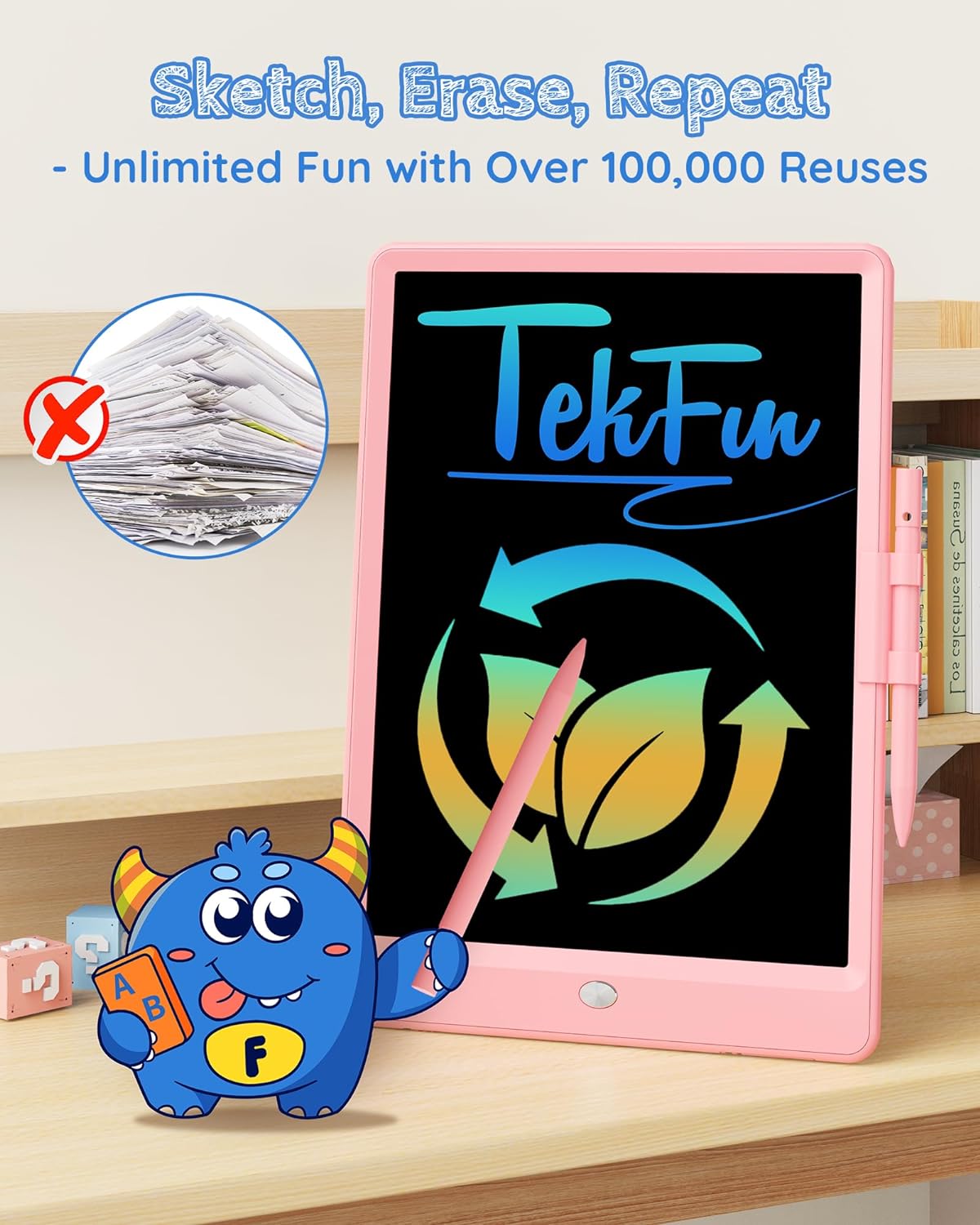 TEKFUN LCD Writing Tablet Doodle Board, 10inch Colorful Drawing Pad for Kids, Mess Free Coloring for Toddlers, Toys Gifts for 3 4 5 6 7 8 Year Old Girls Boys (Pink) - Image 8