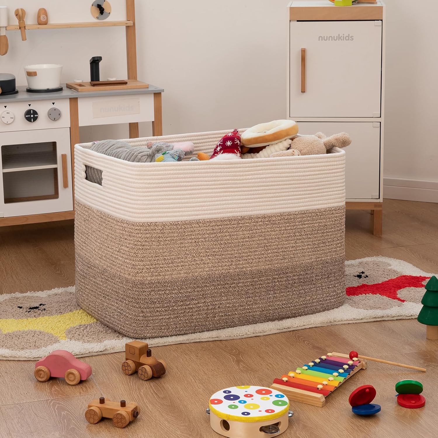OIAHOMY 108L Super Large Blanket Basket, 25”x16”x16”(108L) Rectangle Woven Baskets for Storage, Cotton Rope Basket For Living Room, Toy Basket with Handle, Basket for Organizing- Gradient Brown - Image 4