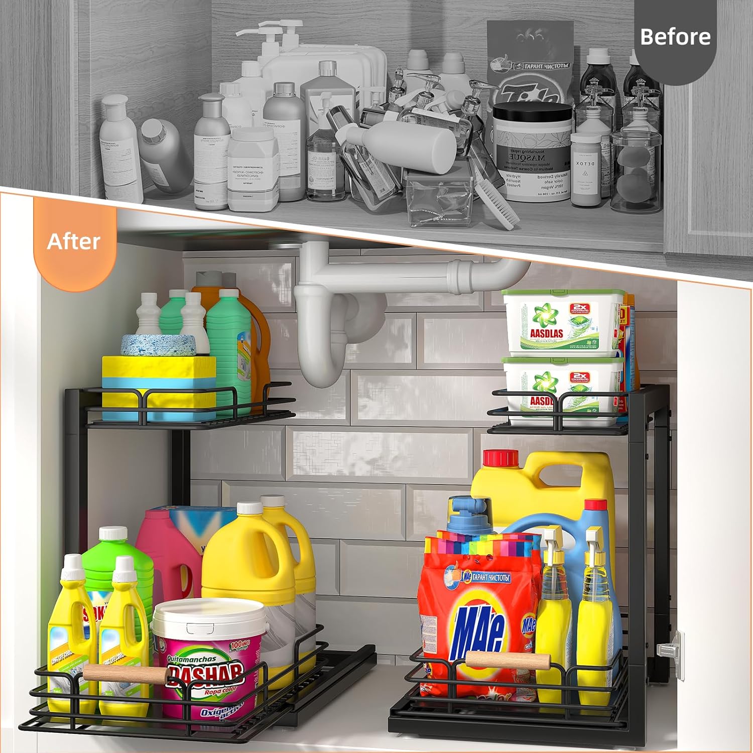 Under Sink Organizer, 2 Tier Under Sink Organizers and Storage, Under Sink Storage Shelves Metal Sliding Drawer for Kitchen Pantry Cabinet Closet, Black 2 Pack - Image 4