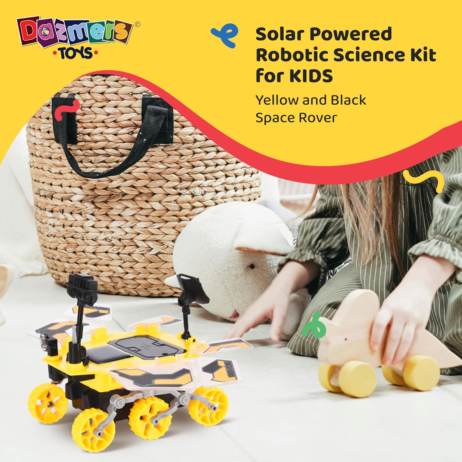 Dazmers Solar Robot Kit - Space Rover STEM Building Toys - Kids DIY Solar Power Robot Car with Gears, Screws, Solar Panels - Explore Solar Energy - Yellow and Black, 8.85x5.51x2.75 inches - Image 3
