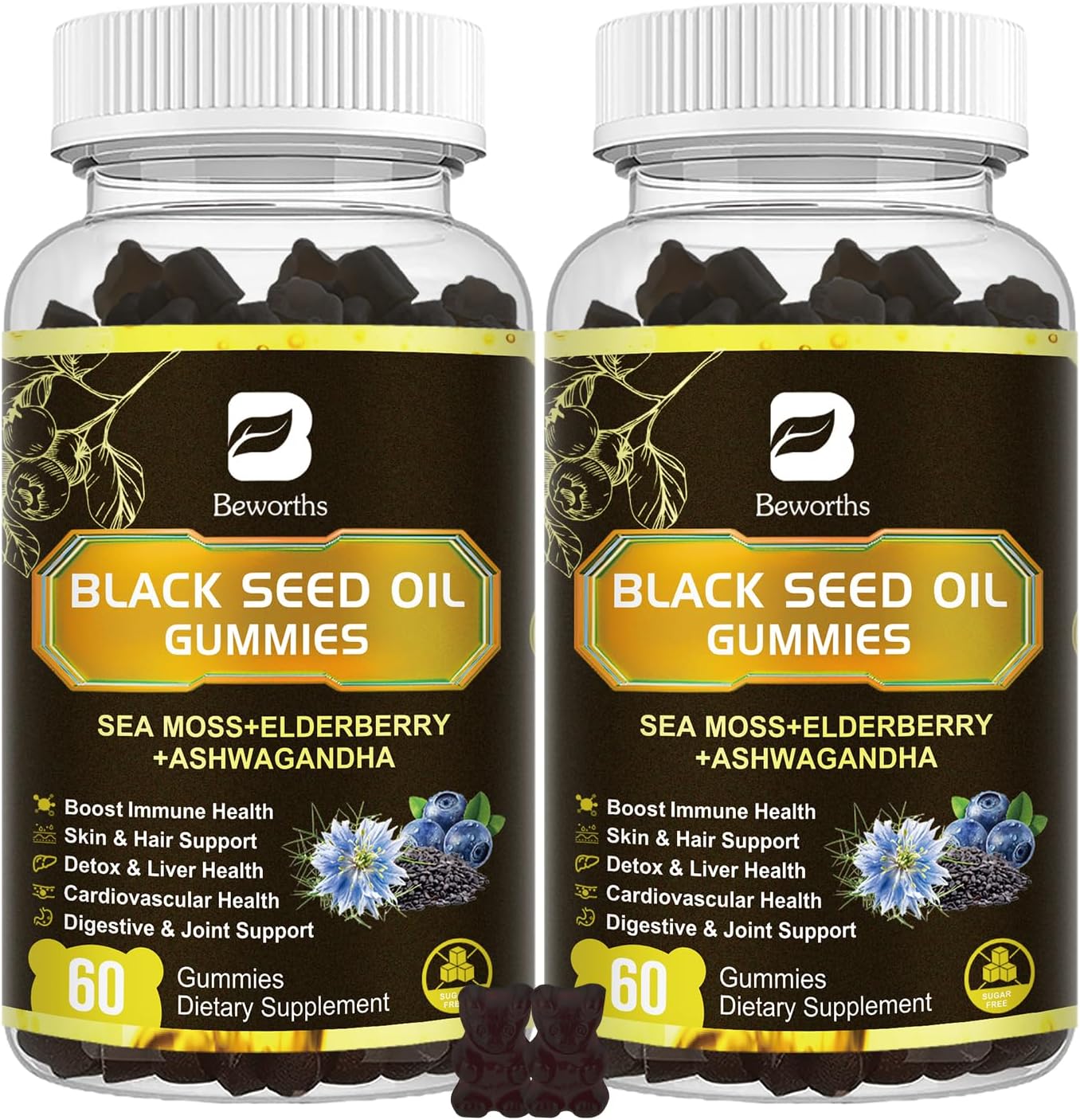 Black Seed Oil & Sea Moss Gummies, 2Pack Irish Sea Moss Gummies with Black Seed Oil, Ashwagandha Extract, Elderberry, Turmeric, Vitamin C, Vitamin D3 - Immune Support, Joints, Digestion, Hair & Skin - Image 2