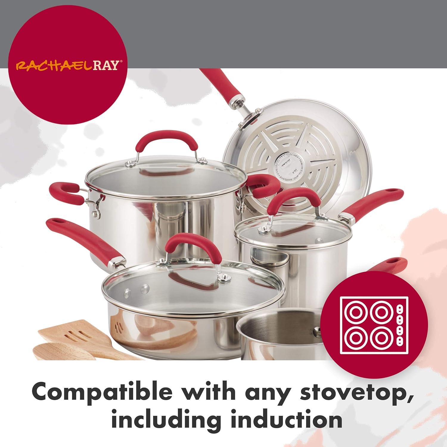 Rachael Ray Create Delicious Stainless Steel Cookware Set, 10-Piece Pots and Pans Set, Stainless Steel with Red Handles - Image 4