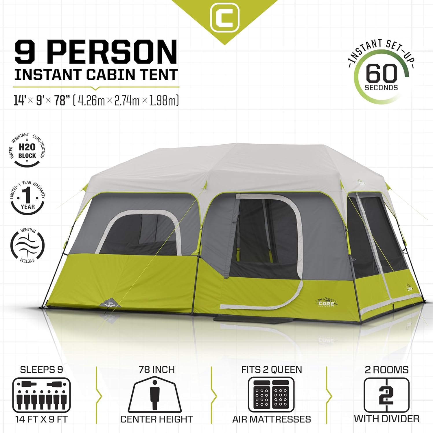 Core 9 Person Instant Cabin Tent - 14' x 9', Green (40008) - Image 4
