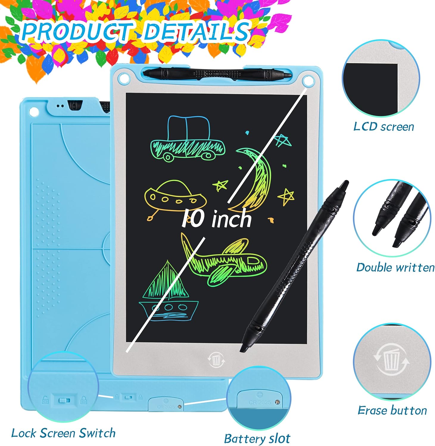 LCD Writing Tablet for Kids Set of 2 - Colorful Doodle Board - 10 Inch Erasable Reusable Drawing Pad- Orange Blue, Learning Toys Gift for 3 4 5 6 Years Old Birthday Stocking Stuffer Christmas Gifts - Image 6