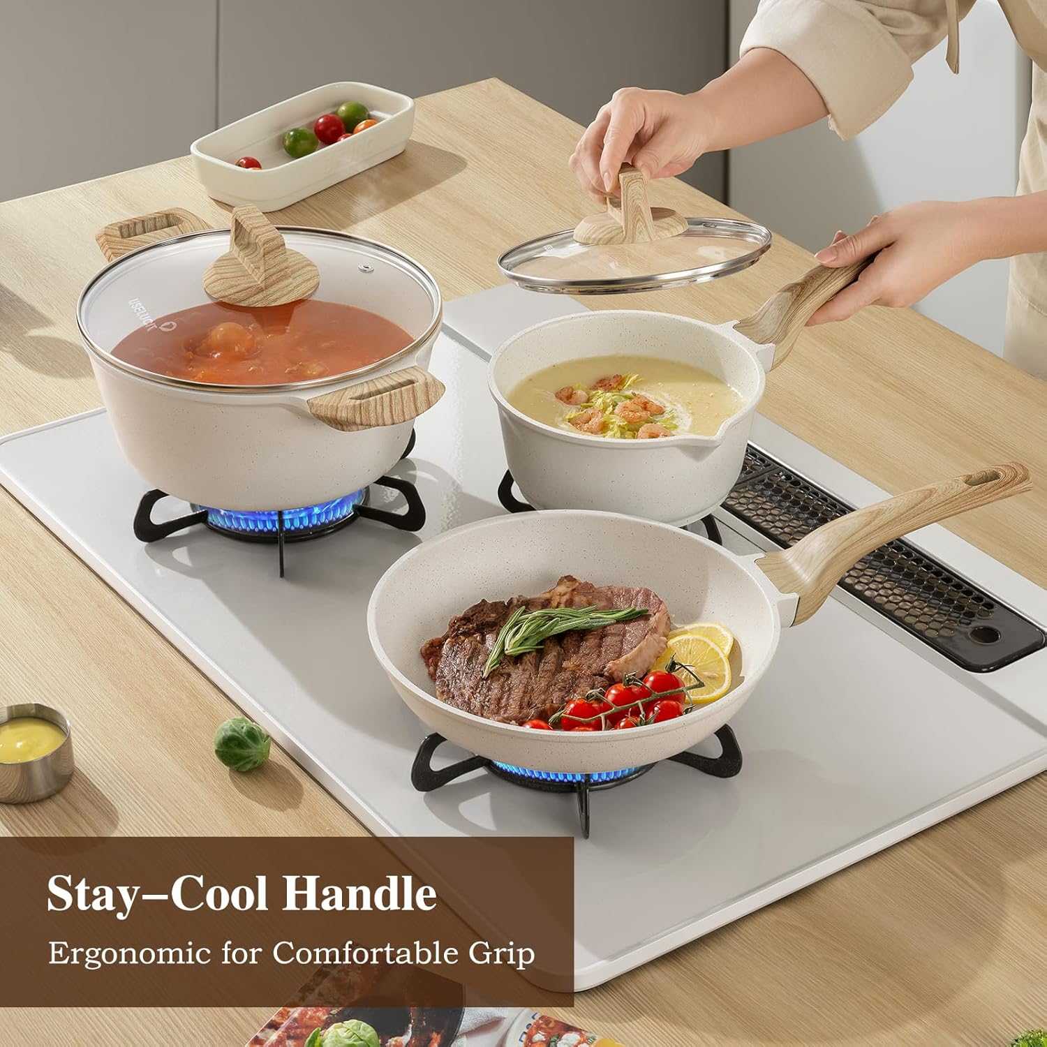 14 Pcs Pots and Pans Set Non Stick, Induction White Cooking Set with Frying Pans, Healthy Kitchen Cooking Set with Stay-Cool Handles, Silicone Utensils and Pot Protectors - Image 5