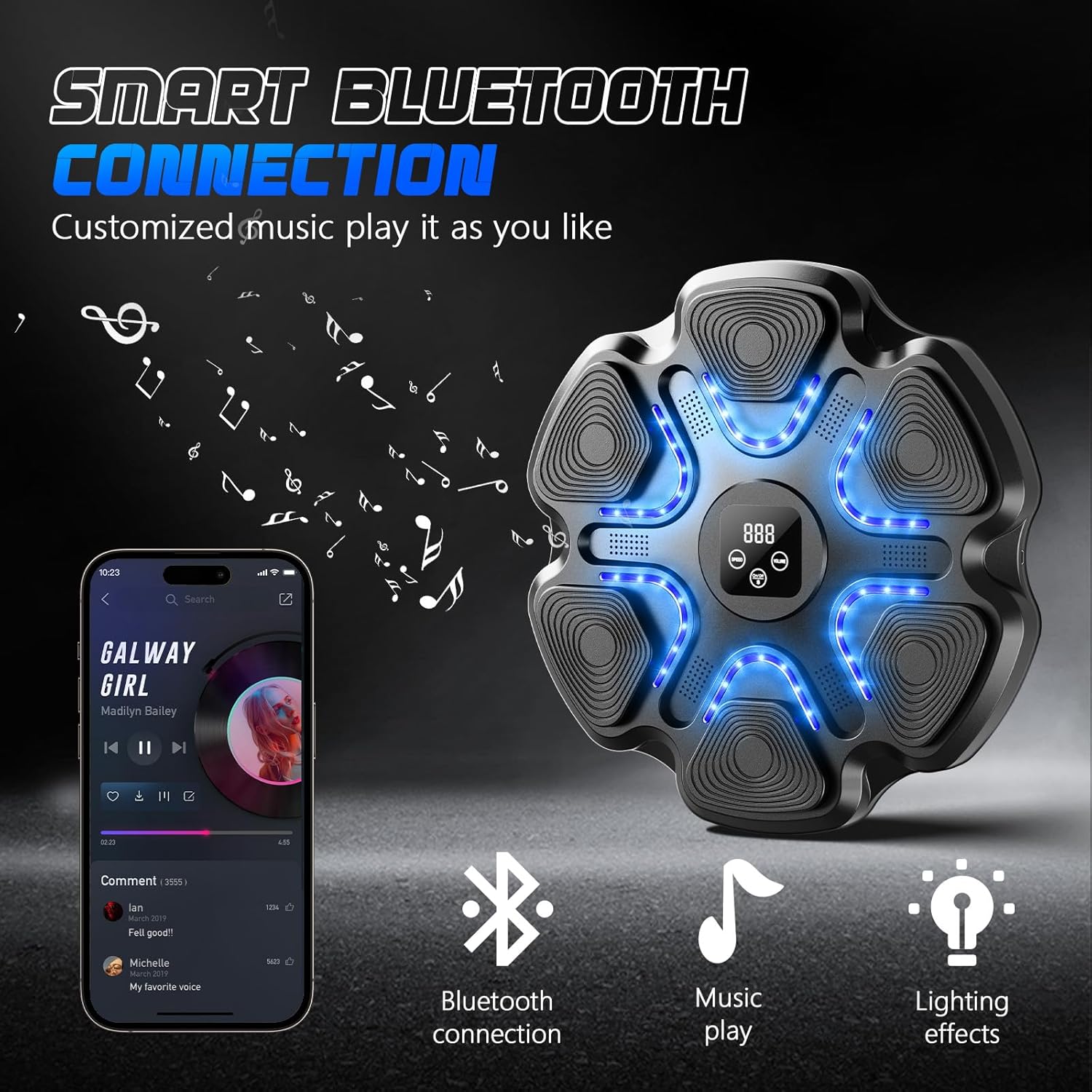 LED Music Boxing Machine, Smart Bluetooth Boxing Machine Wall Mounted with Boxing Gloves, 9 Modes & Speeds for Adults and Kids in Gym, Office, Home Indoor Music Boxing Target Trainer(Black) - Image 3