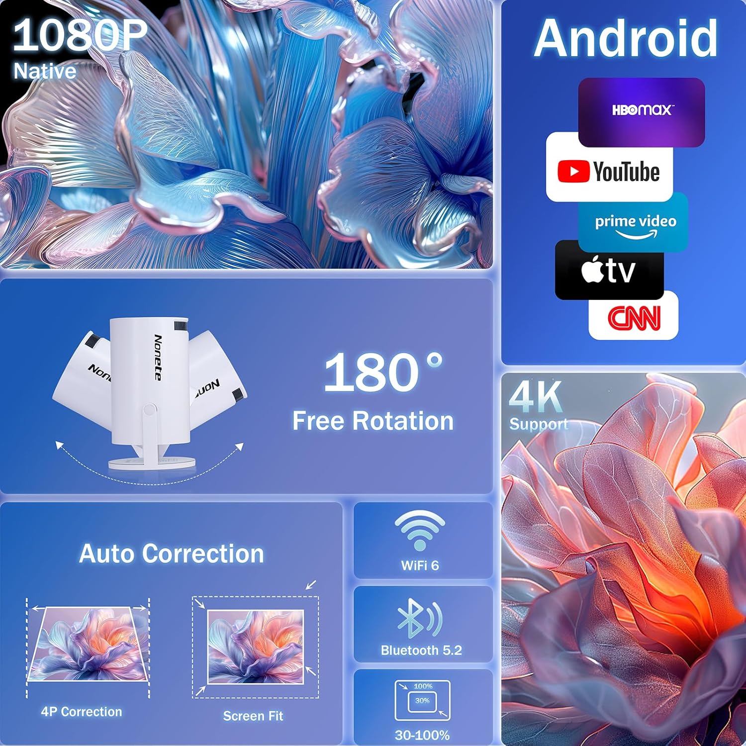 Mini Projector 1080P, 4K Projector Full HD with WIFI 6 and Bluetooth 5.2, Support 180° Rotatable Portable Projector with Auto Keystone Correction, Built-in App Compatible with Phone/HDMI/USB-White - Image 4