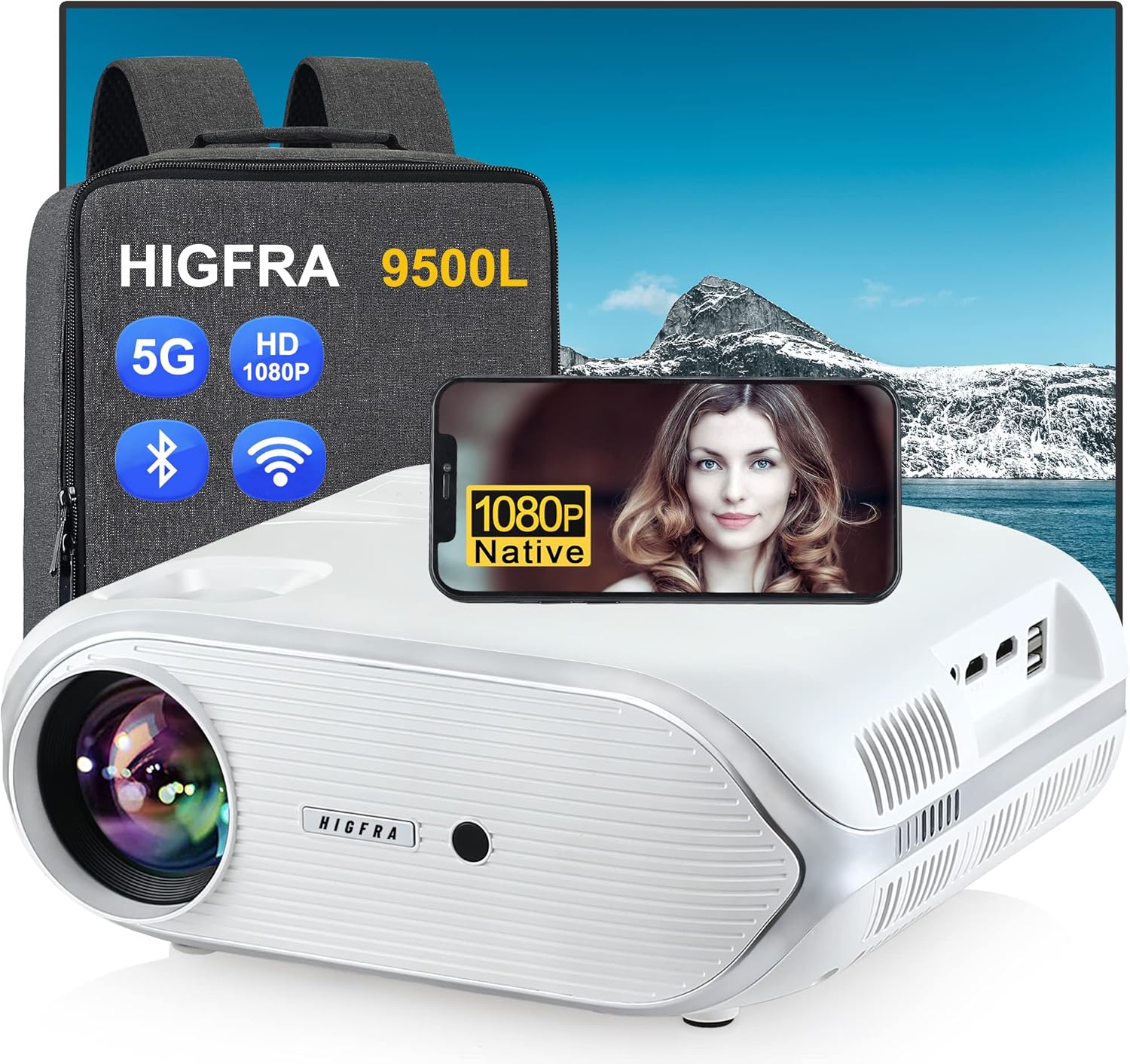 Multimedia Projector with 5G WiFi and Bluetooth Higfra 560 ANSI 16000L Native 1080P Outdoor Movie Projector 4k Support,Auto 6D Keystone&50% Zoom,Portable Smart Home LED Video Projector for Phone/PC - Image 2