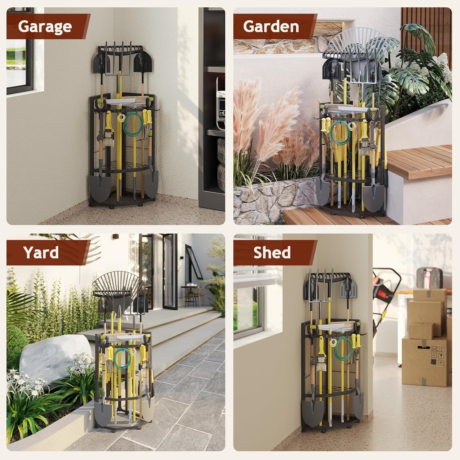 Garage Tool Organizer - Heavy Duty Metal Garden Tool Storage Rack with Hooks for Shovels, Rakes, and Long-Handled Tools, Ideal for Garage, Shed, or Backyard Corner - Image 6